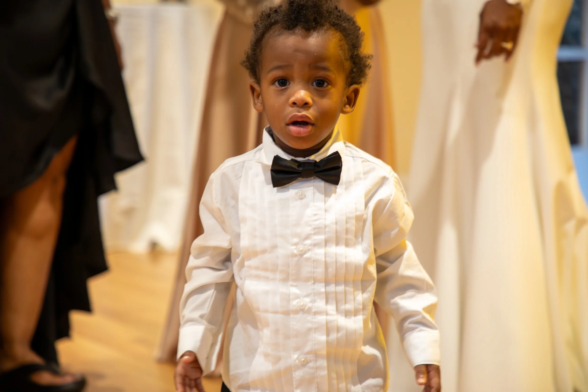 Photo & Video by Will Locke Wedding Photography at the Woman's Club of Portsmouth in Virginia. Young boy in white shirt and black bow tie at formal event or wedding, standing between women in formal dresses.