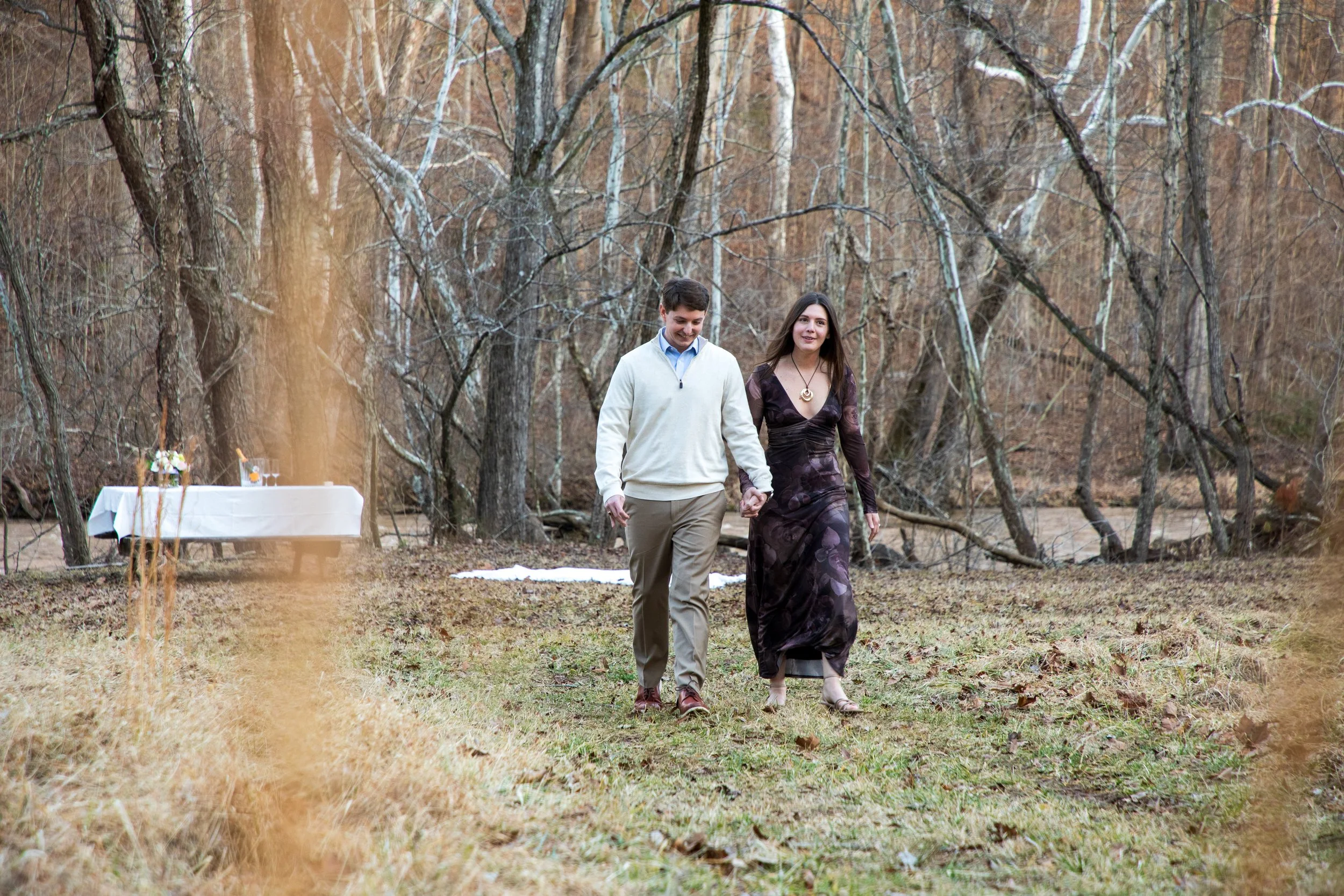 Engagement Photography by Will Locke near Richmond, VA in Montpelier. A couple walks while holding hands, with trees and a river in the background.
