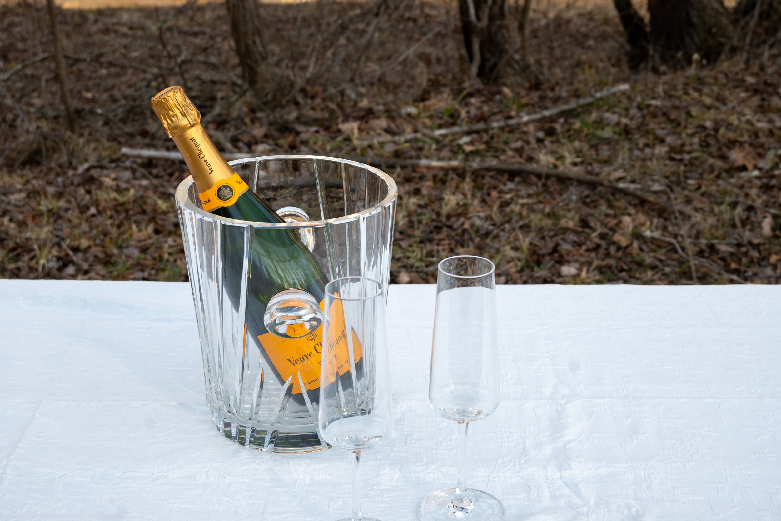 Engagement Photography by Will Locke near Richmond, VA in Montpelier. A bottle of Veuve Clicquot champagne in an ice bucket with two empty champagne flutes on a white table outdoors, with a river and trees in the background during sunset.