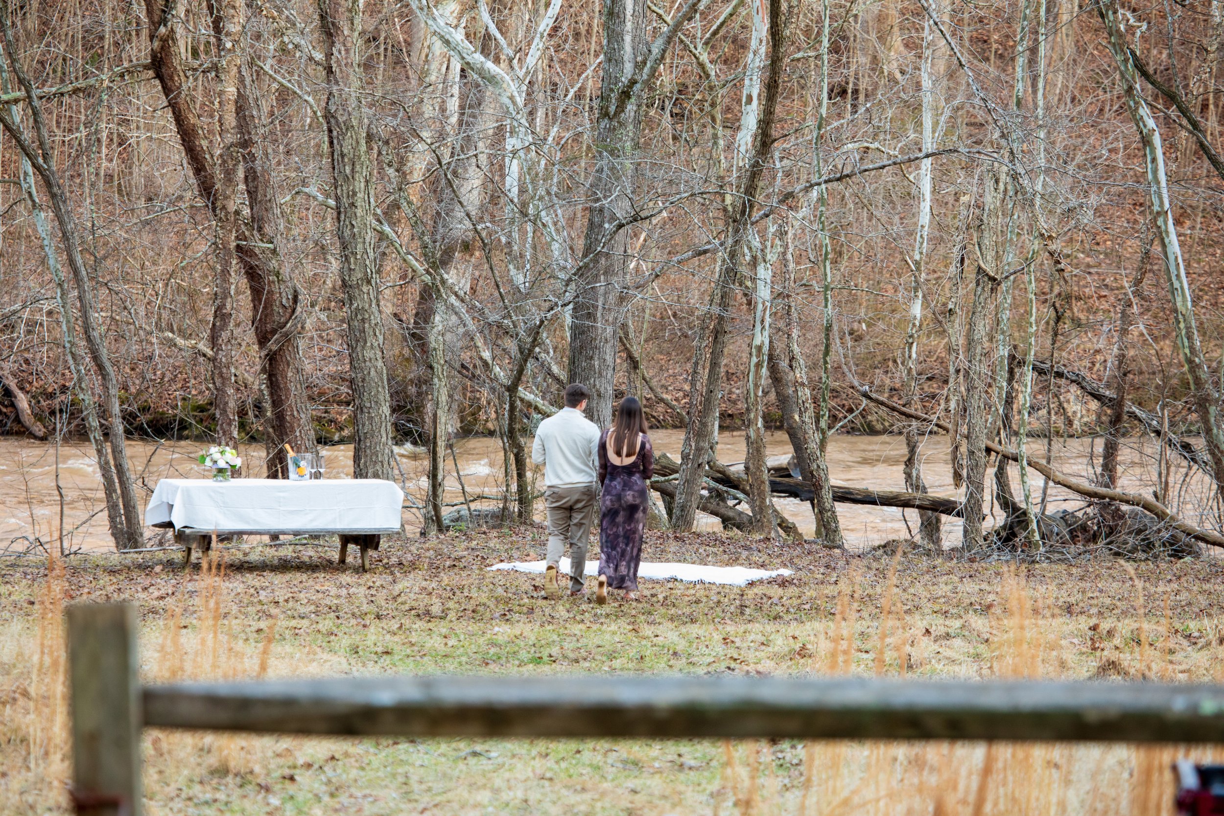 Engagement Photography by Will Locke near Richmond, VA in Montpelier. A couple walks on a white cloth on the ground near a wooded area with a stream on a fall day, with a table on the left side.