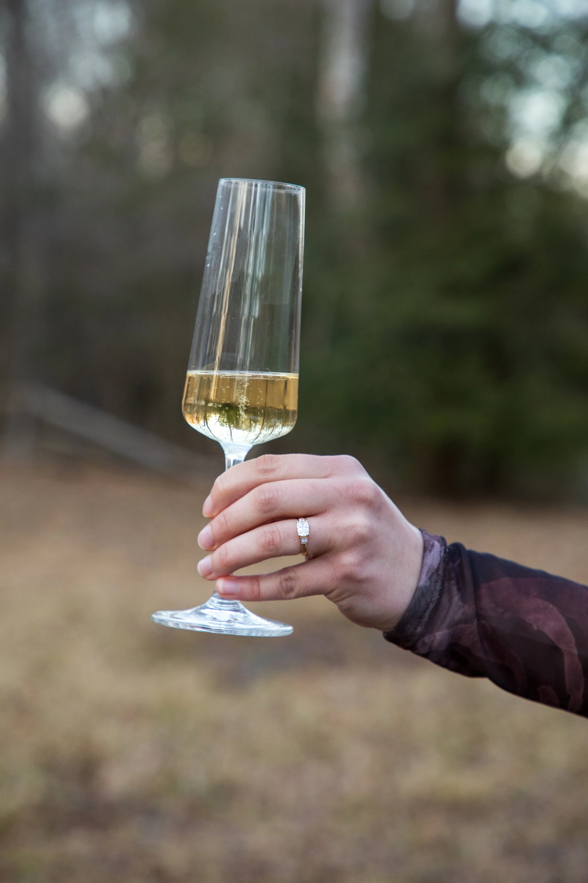 Engagement Photography by Will Locke near Richmond, VA in Montpelier. A newly engaged fiance holds a champagne glass, with a table and a bottle of champagne in the background.