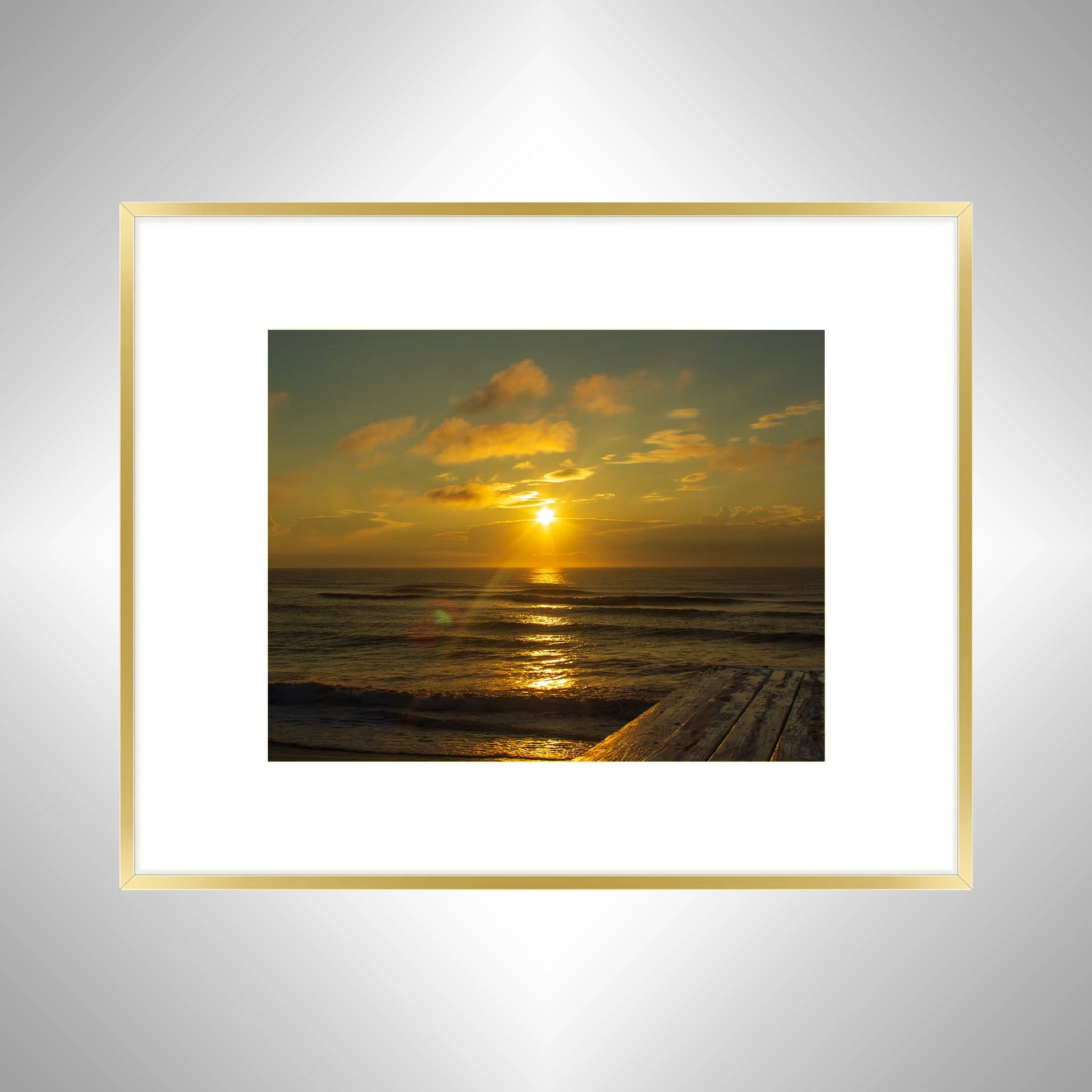 1:1 Sunrise Flare Reflection off Rodanthe Pier (Landscape)- Gold w: Border.jpg