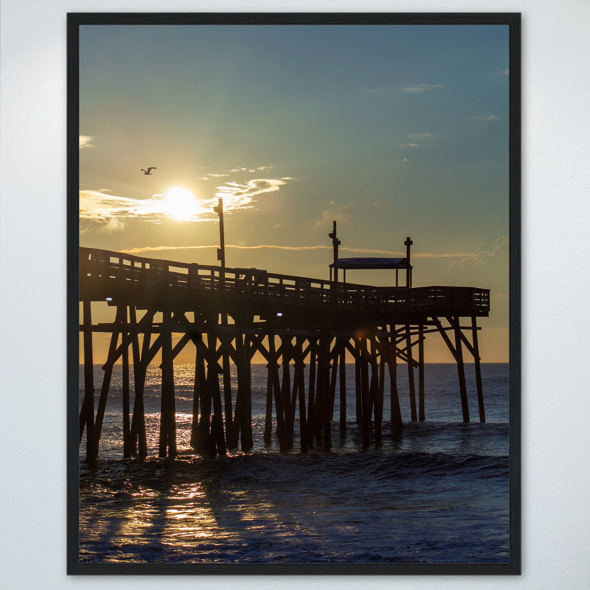 1:1 Rodanthe Pier Sunrise with Seagull- Wood.jpg