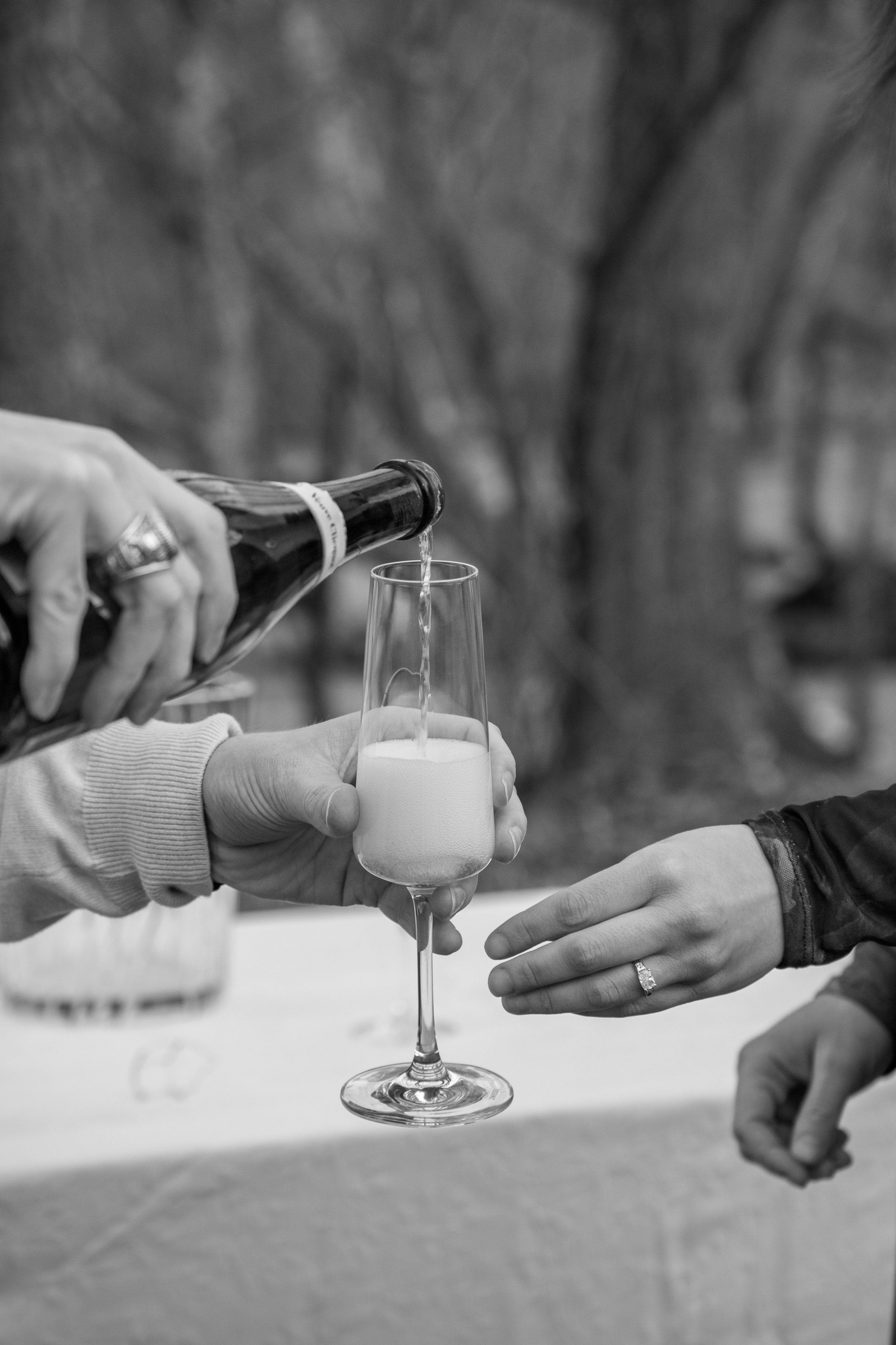 Engagement Photography by Will Locke near Richmond, VA in Montpelier. Pouring a glass a champagne, with a table and a bottle of champagne in the background.