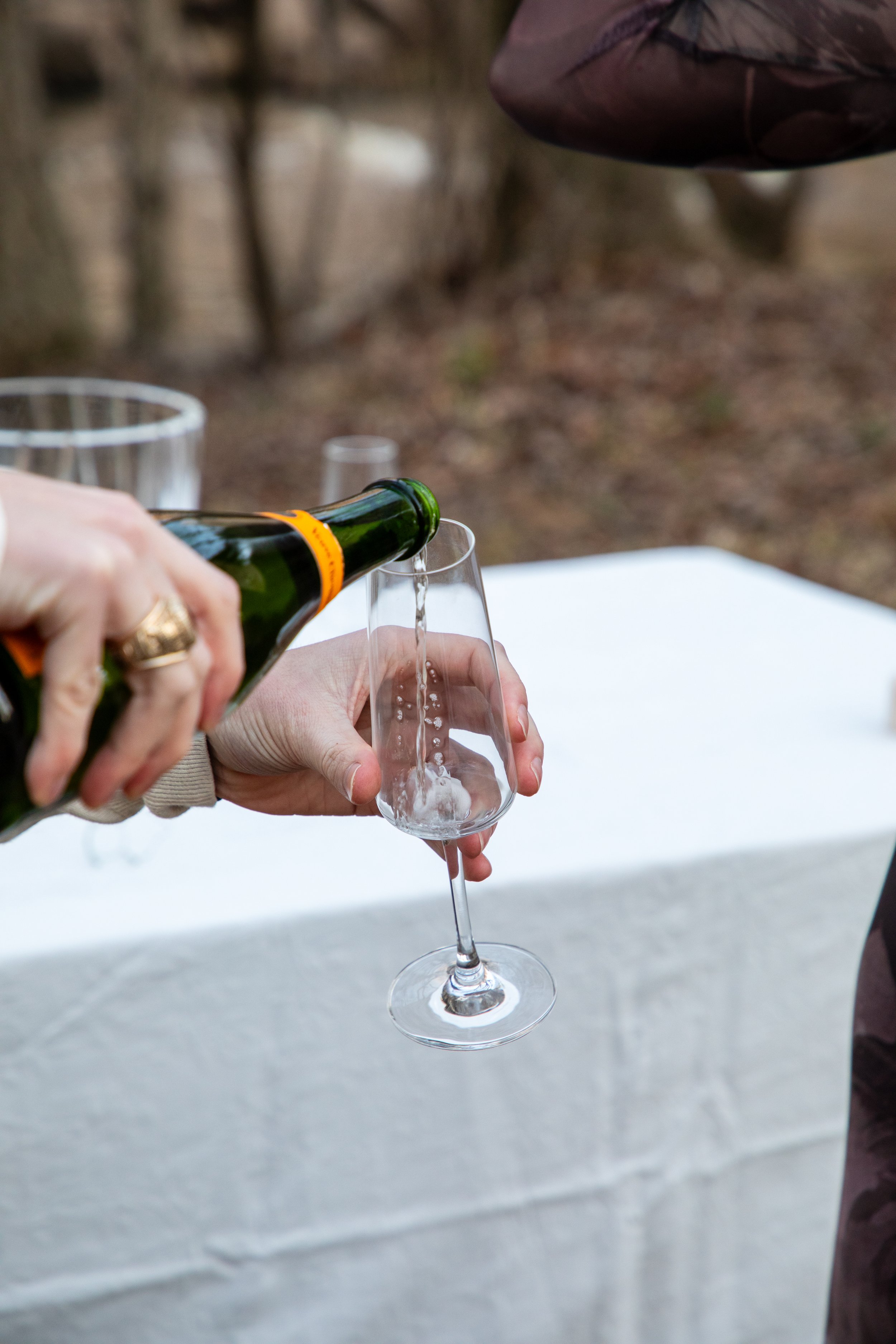 Engagement Photography by Will Locke near Richmond, VA in Montpelier. A glass of champagne is being poured, with a table and a bottle of champagne in the background.