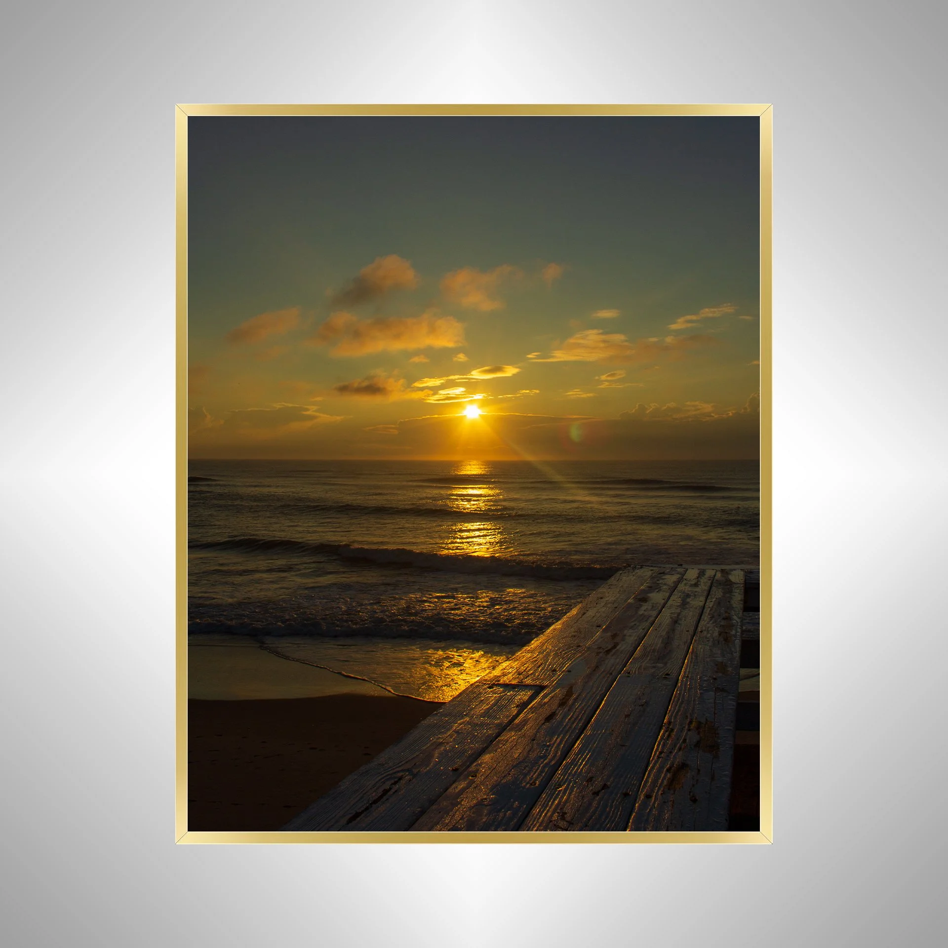 1:1 Sunrise Flare Reflection off Rodanthe Pier (Portrait)- Gold.jpg
