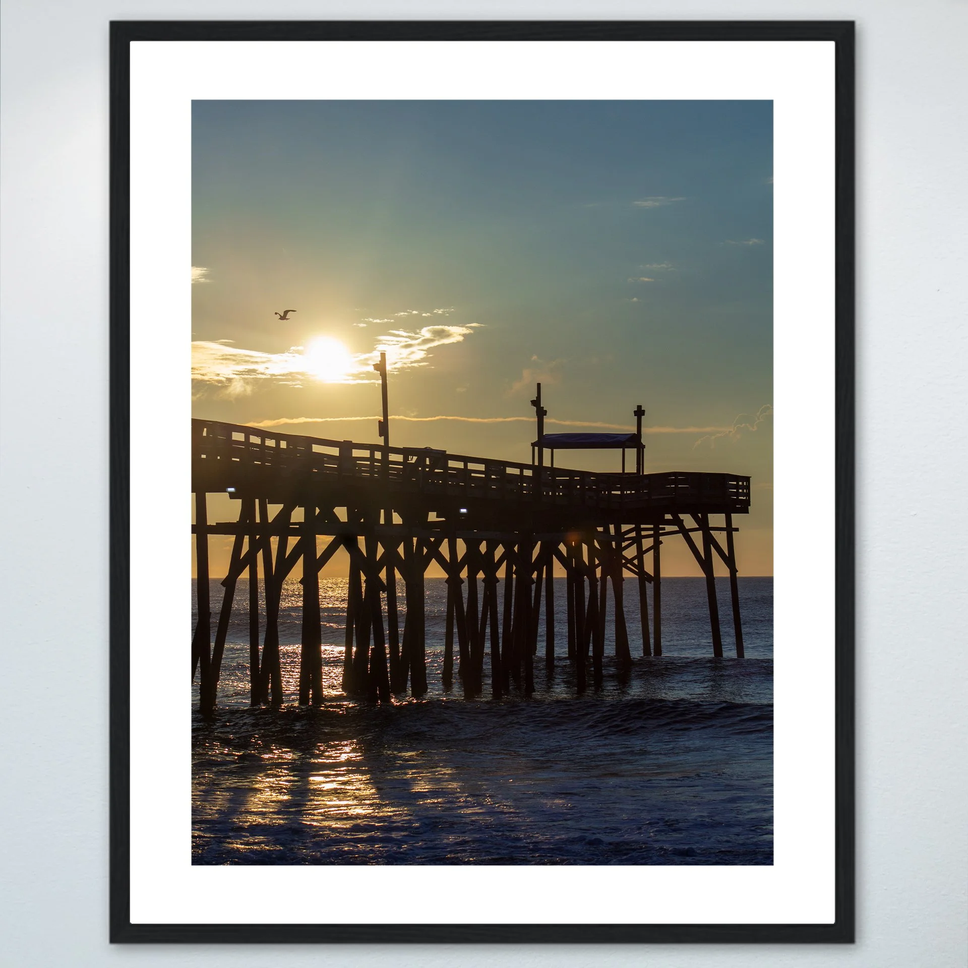1:1 Rodanthe Pier Sunrise with Seagull- Wood w: Border.jpg