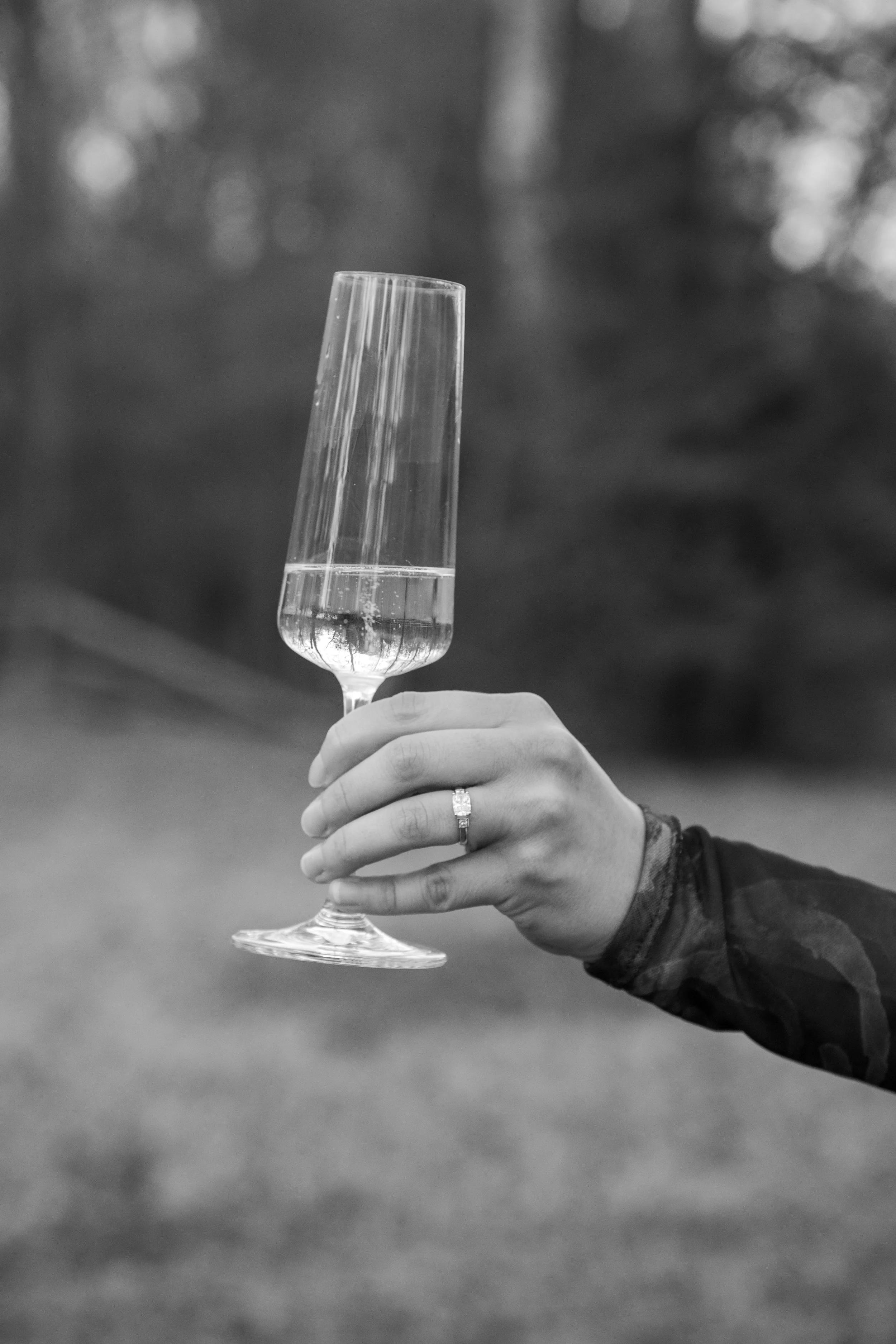 Engagement Photography by Will Locke near Richmond, VA in Montpelier. A ringed hand holds a glass of champagne. 