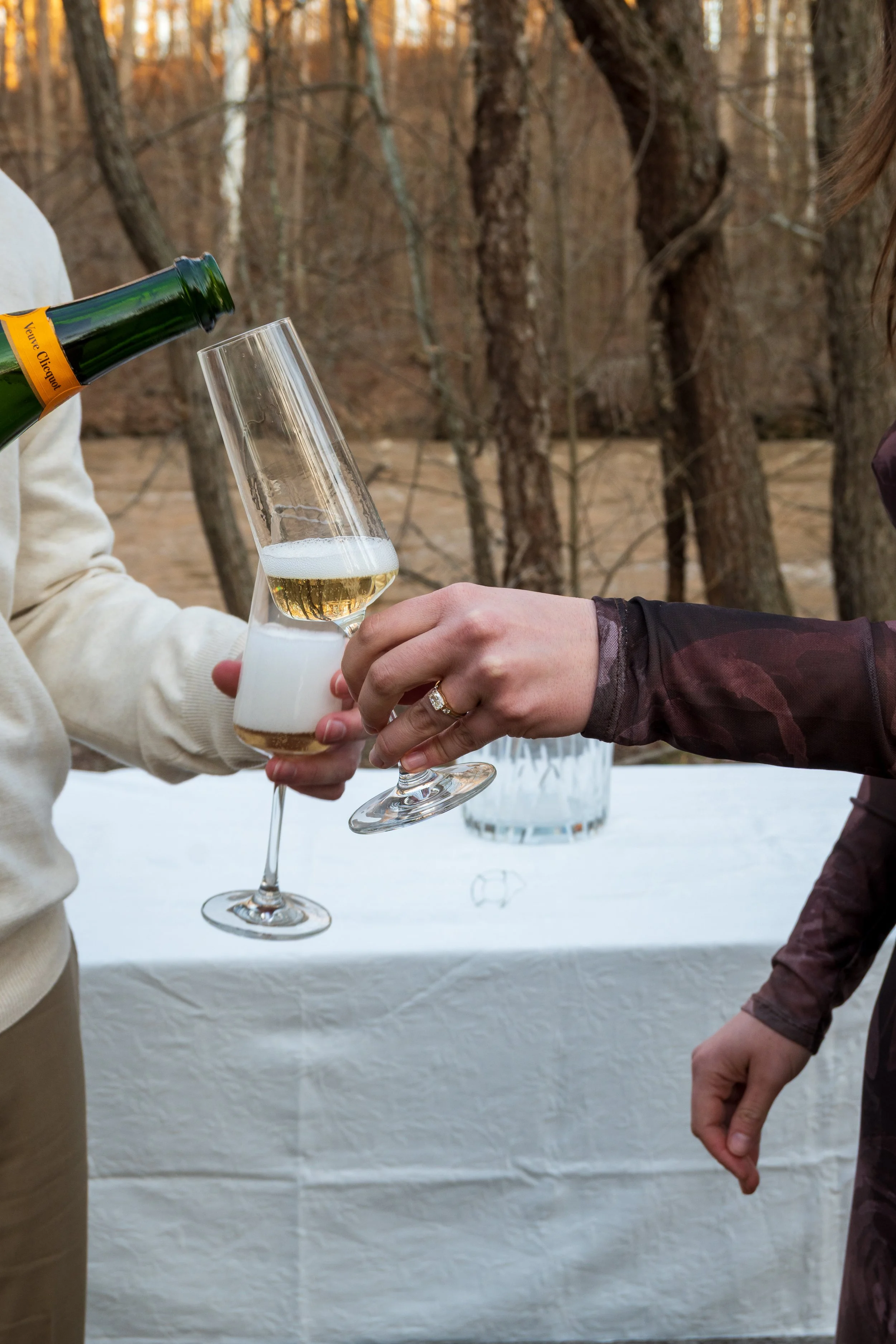 Engagement Photography by Will Locke near Richmond, VA in Montpelier. A newly engaged couple pours champagne glasses, with a table and a bottle of champagne in the background.