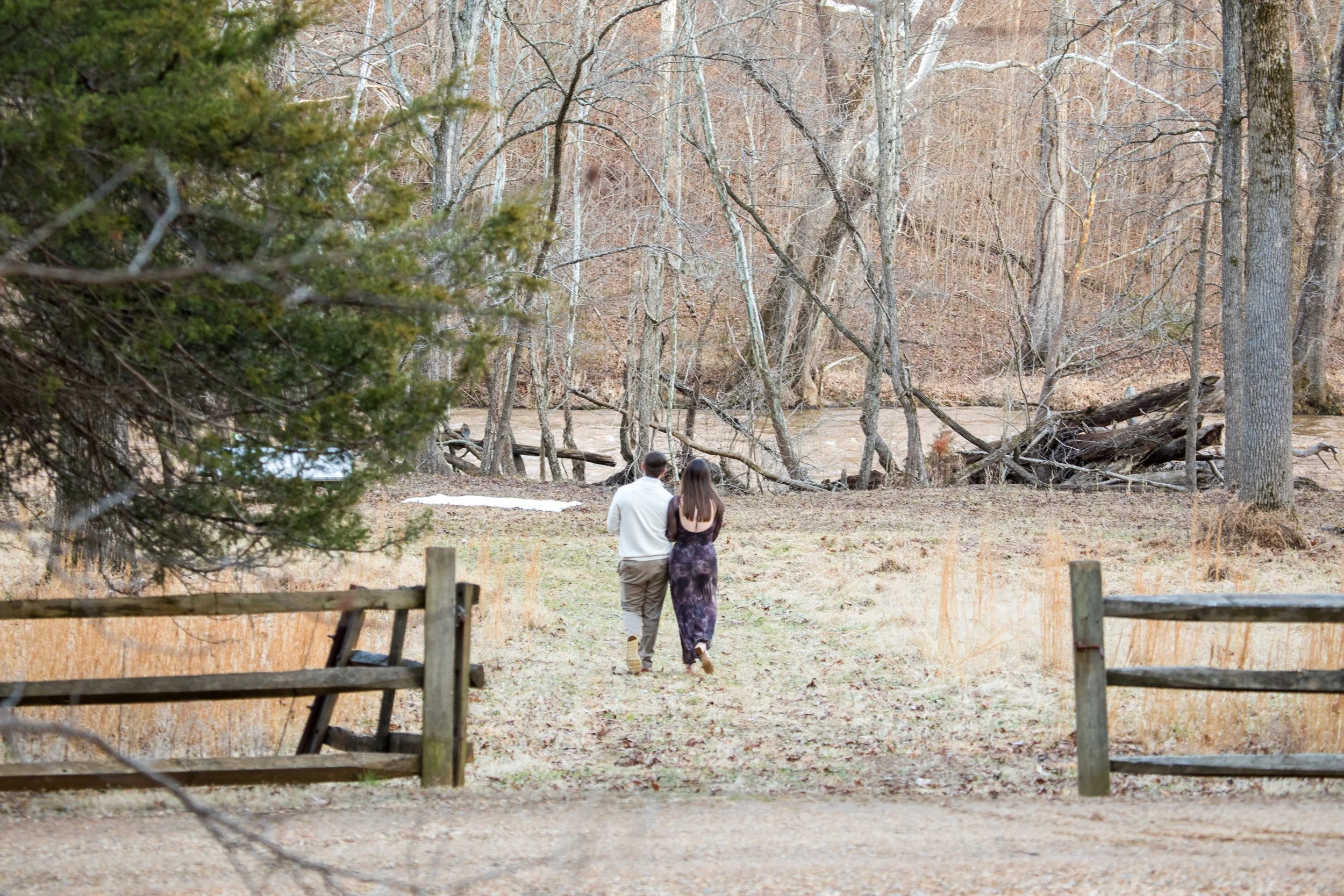 Engagement Photography by Will Locke near Richmond, VA in Montpelier. A couple walks while holding hands, with trees and a river in the background.