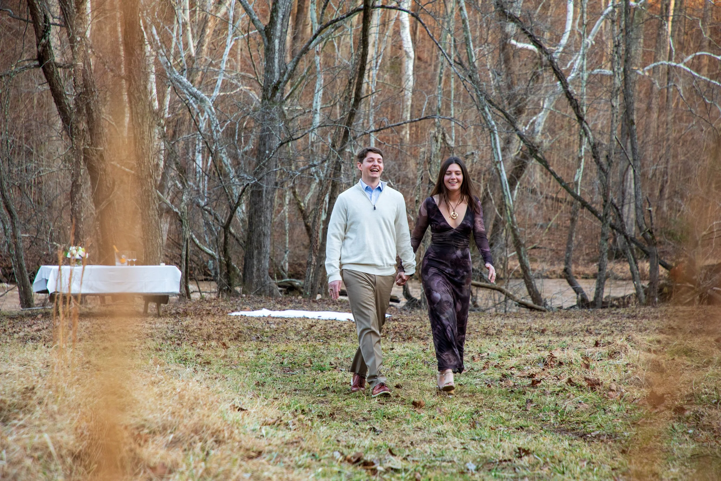 Engagement Photography by Will Locke near Richmond, VA in Montpelier. A couple walks while holding hands, with trees and a river in the background.