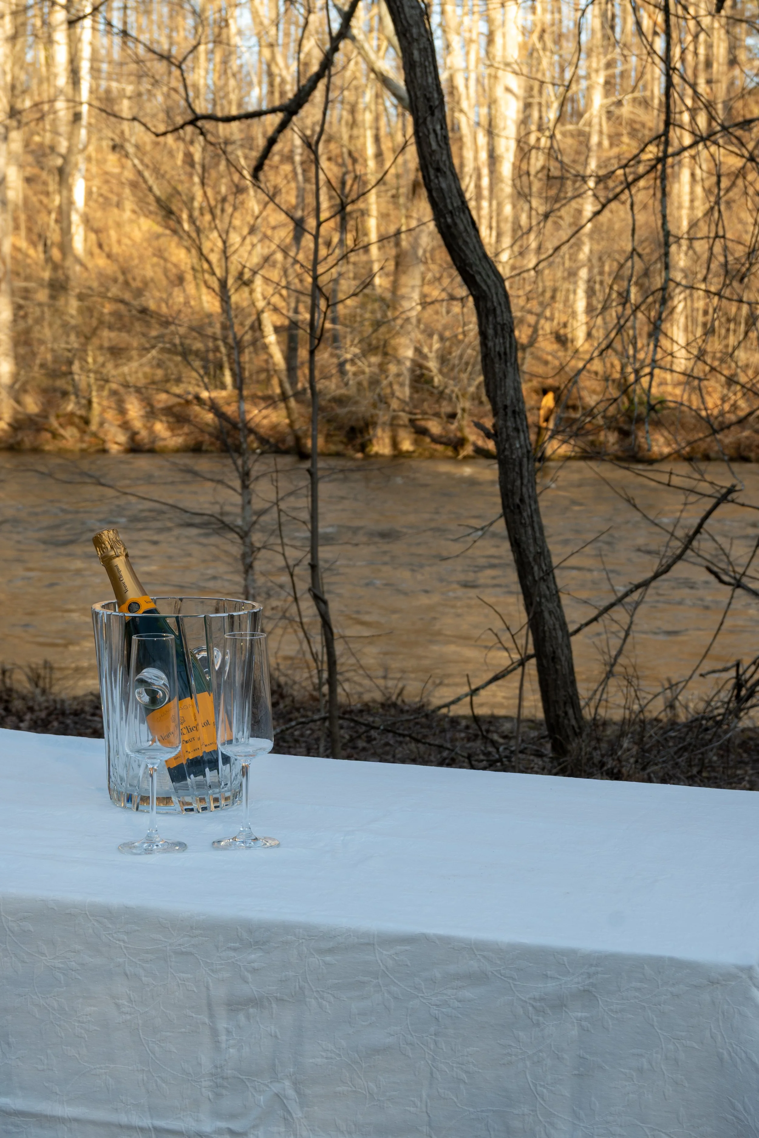 Engagement Photography by Will Locke near Richmond, VA in Montpelier. A bottle of Veuve Clicquot champagne in an ice bucket with two empty champagne flutes on a white table outdoors, with a river and trees in the background during sunset.