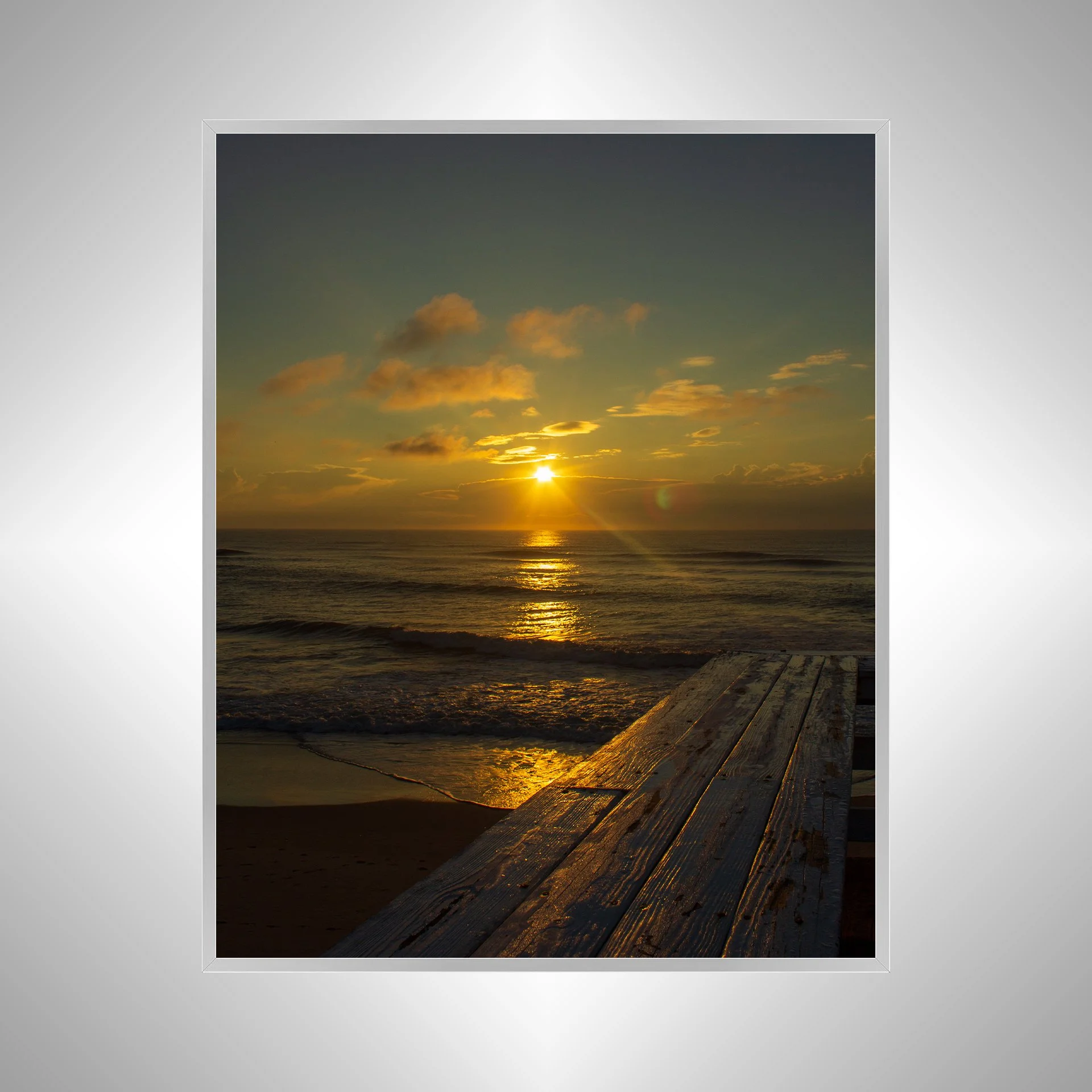 1:1 Sunrise Flare Reflection off Rodanthe Pier (Portrait)- Silver.jpg