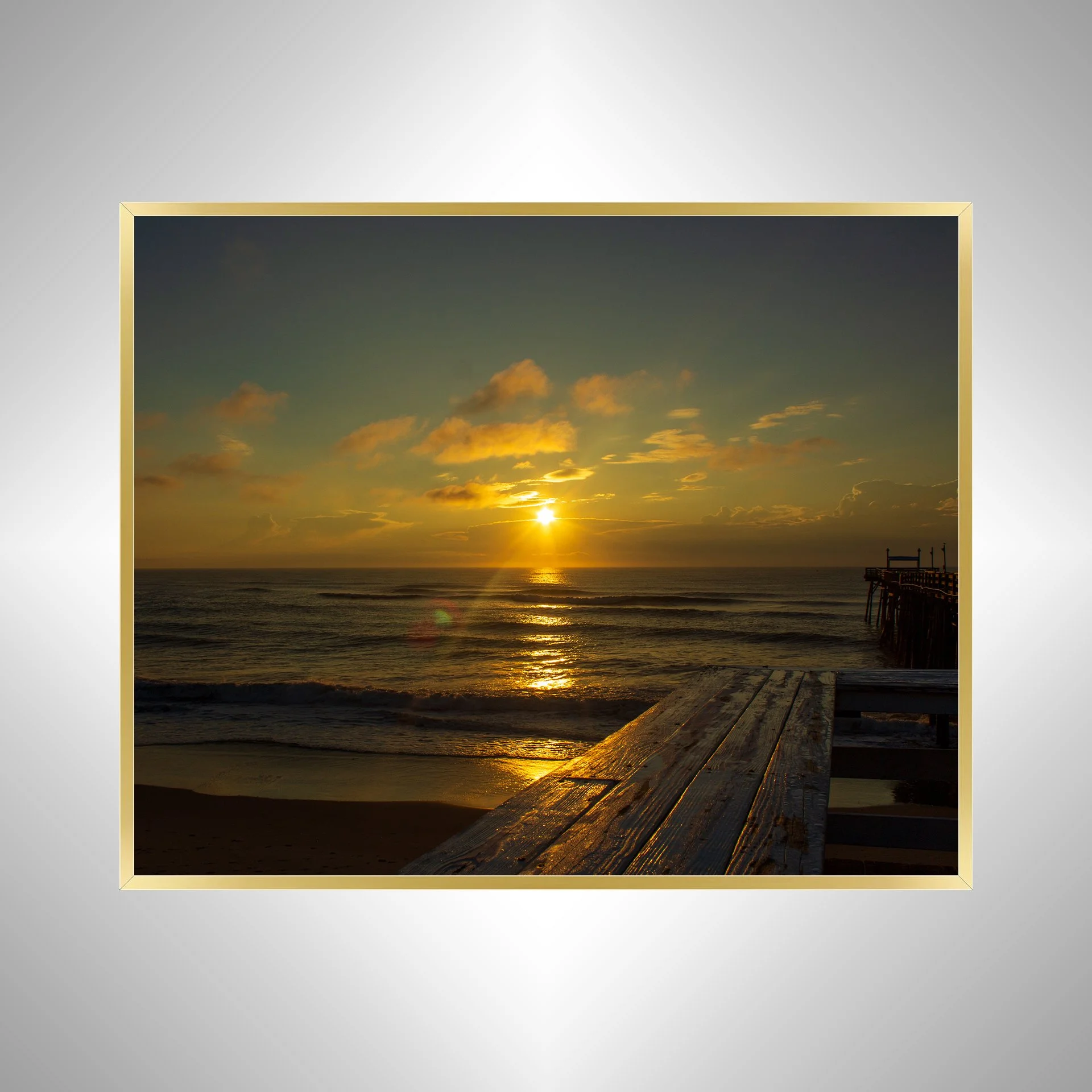 1:1 Sunrise Flare Reflection off Rodanthe Pier (Landscape)- Gold.jpg