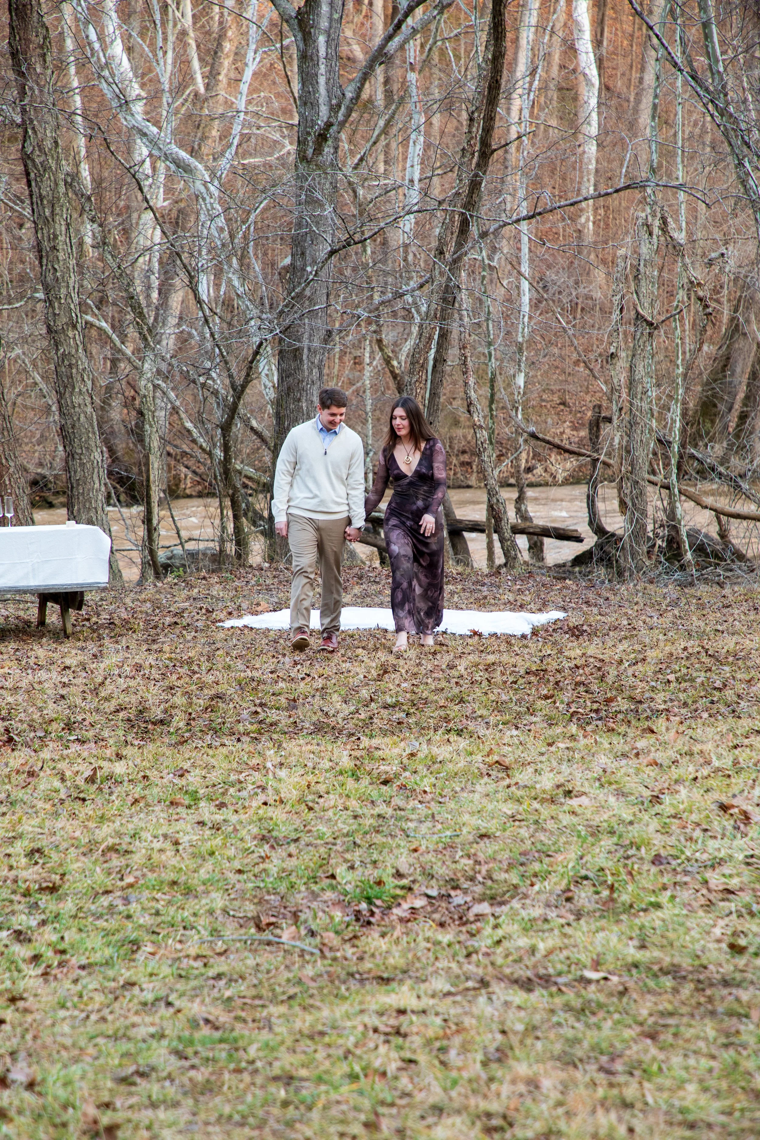 Engagement Photography by Will Locke near Richmond, VA in Montpelier. A couple walks while holding hands, with trees and a river in the background.