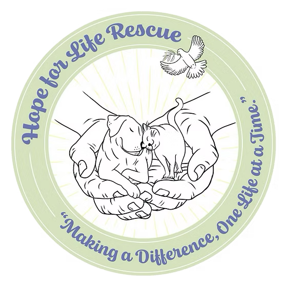 Photo & Video by Will Locke Pet Photography. A circular logo for Hope for Life Rescue featuring a drawing of human hands gently holding a dog and a cat, a dove flying above.