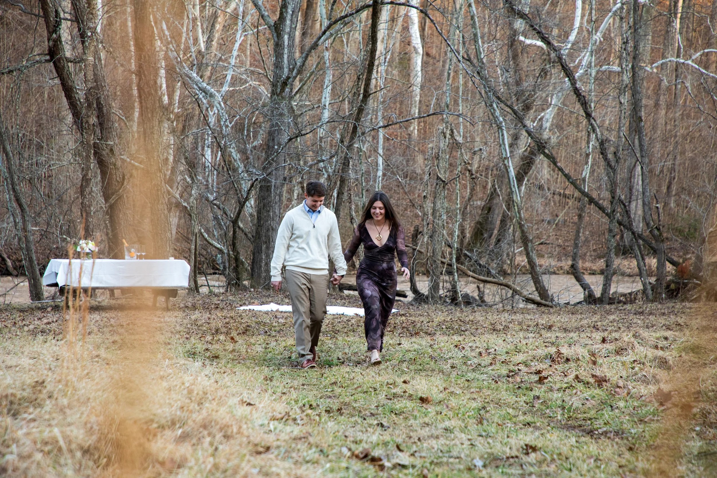 Engagement Photography by Will Locke near Richmond, VA in Montpelier. A couple walks while holding hands, with trees and a river in the background.