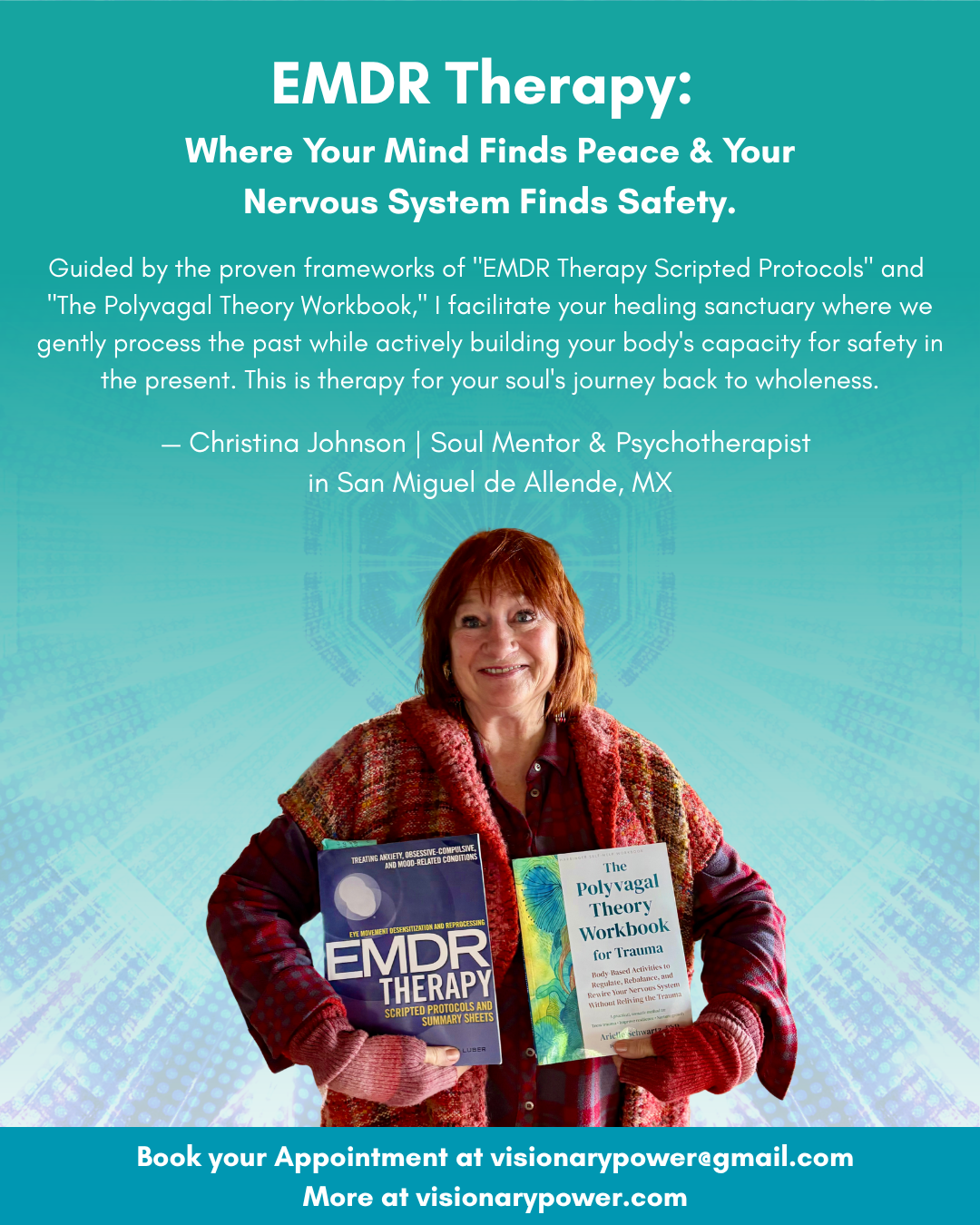A woman holding two books, one titled 'EMDR Therapy' and the other 'The Polyvagal Theory Workbook for Trauma,' standing in front of a teal background with white text about EMDR therapy for healing, peace, and safety.