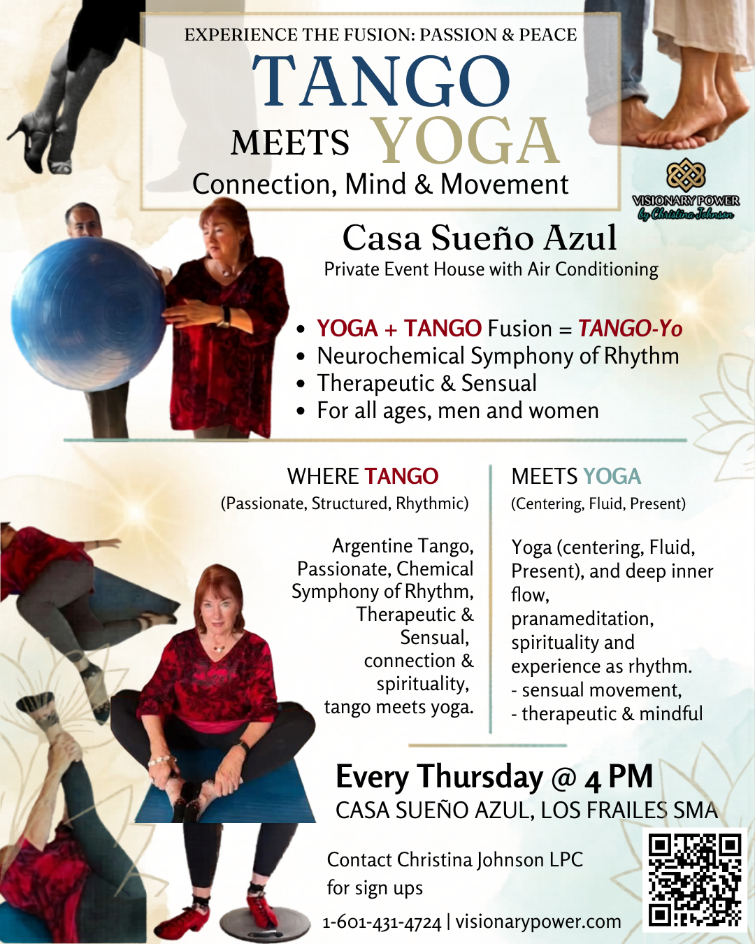 Flyer advertising a weekly event combining Tango and Yoga classes, held every Thursday at 4 PM at Casa Sueño Azul in Los Frailes SMA. Features a photo of a woman in red practicing yoga and a woman with a therapy ball. Highlights fusion of Passionate Tango and Centering Yoga for all ages.