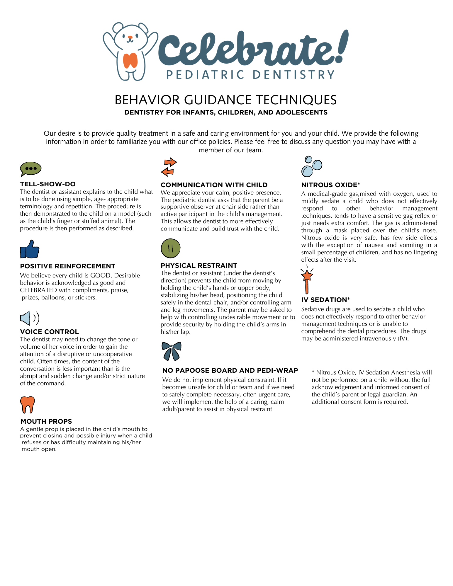 A pediatric dentistry educational handout titled "Celebrate! Pediatric Dentistry" with tips on behavior guidance techniques for children. Contains icons for communication, positive reinforcement, physical restraint, mouth props, IV sedation, and nitrous oxide, along with descriptive text about each method.