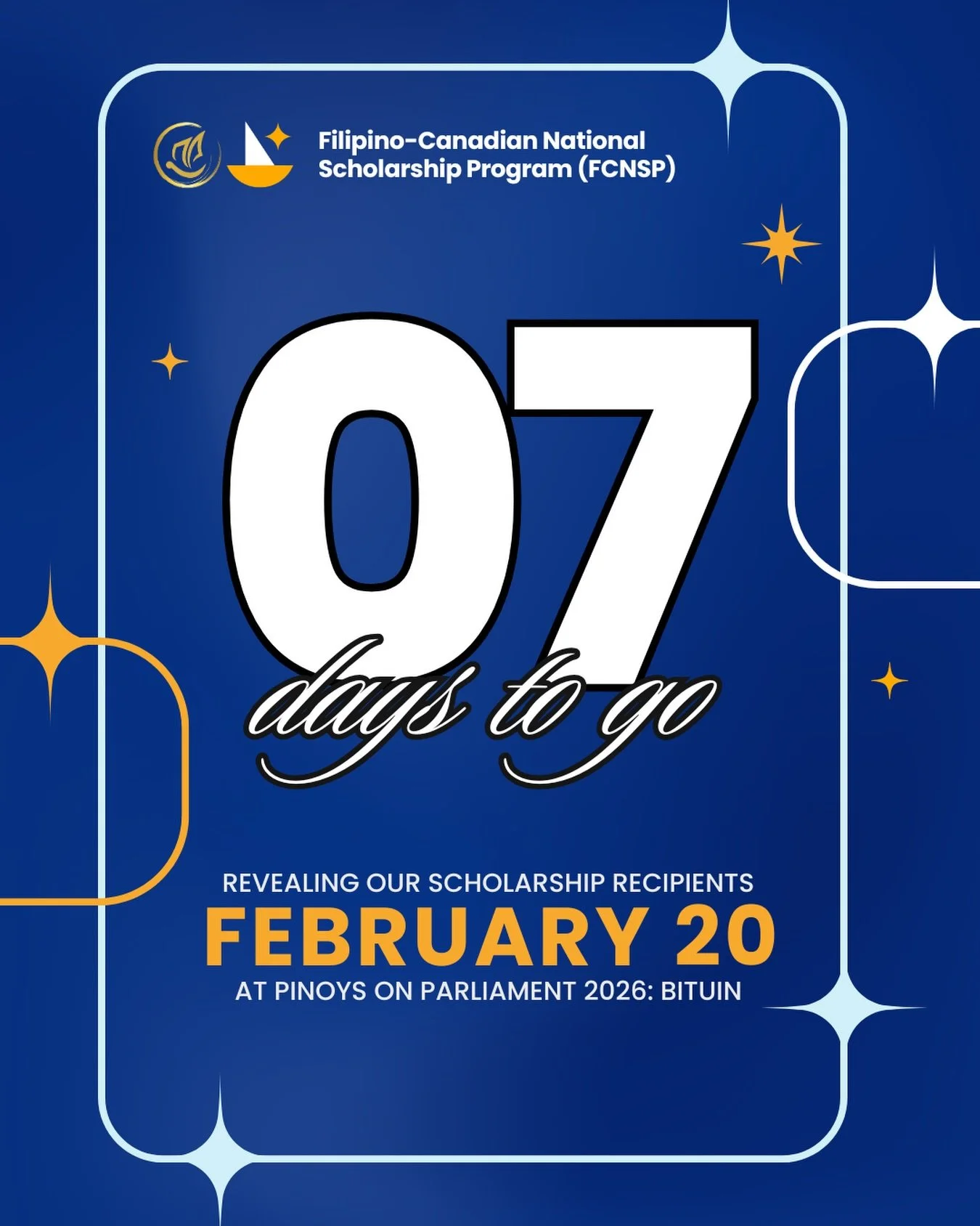 Just 𝗢𝗡𝗘 𝗪𝗘𝗘𝗞 until we reveal the next incredible cohort of recipients of the Filipino-Canadian National Scholarship Program (FCNSP). 

For the second year in a row, 𝘄𝗲&rsquo;𝗿𝗲 𝗮𝗻𝗻𝗼𝘂𝗻𝗰𝗶𝗻𝗴 𝘁𝗵𝗲 𝘄𝗶𝗻𝗻𝗲𝗿𝘀 𝗮𝘁 𝗣𝗶𝗻𝗼𝘆𝘀 