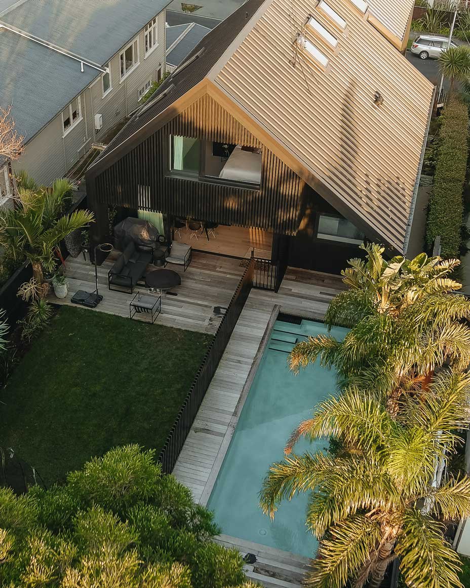 Drone view down on Swift Roofing installed Eurostyle Spanlok 365 Roof in Westmere for C&C Renovations - Image c/o C&C Renovations