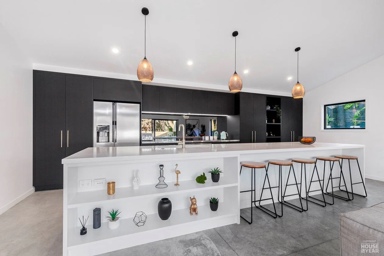 View of kitchen on House of the Year Builders Own Home entry in Rothesay Bay where Swift Roofing installed Trimrib Profile Roof & Dimondclad Rib50 Wall Cladding - Image c/o House of the Year
