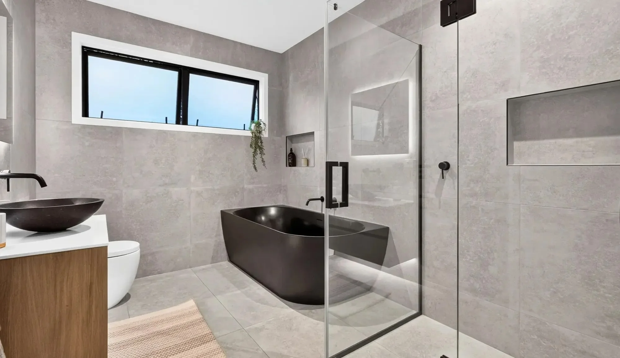 Bathroom in Parris Builds Riverhead new build where Swift Roofing installed the new Trimrib roofing - Image c/o Parris Builds