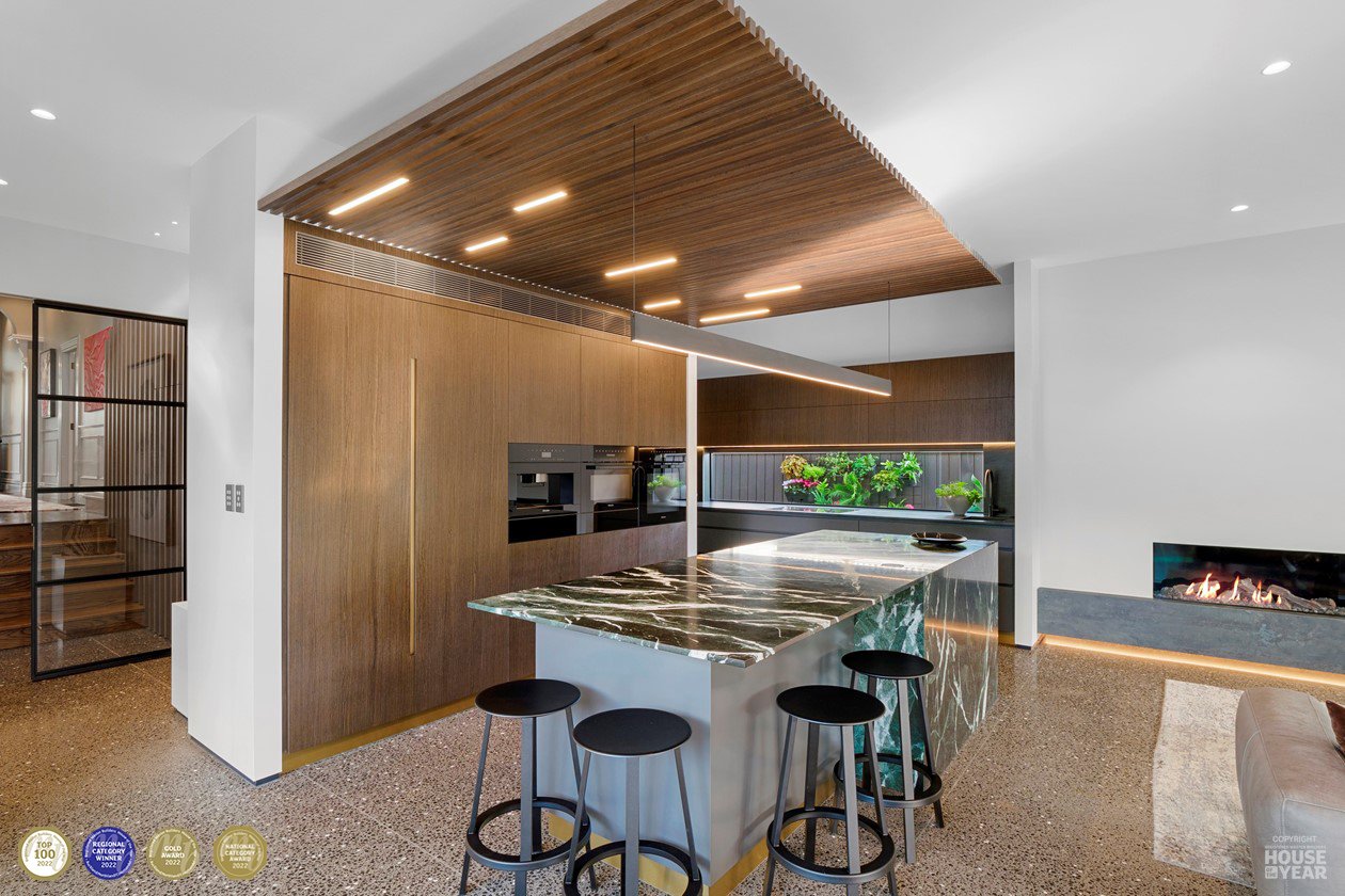 Image c/o House of the Year - Inside view of Devonport project where Swift Roofing installed Colorsteel Maxx Grey Friars coloured roofs to the existing house, the new addition and the minor dwelling. Broswick Builders won a National Top 100 Award, wa
