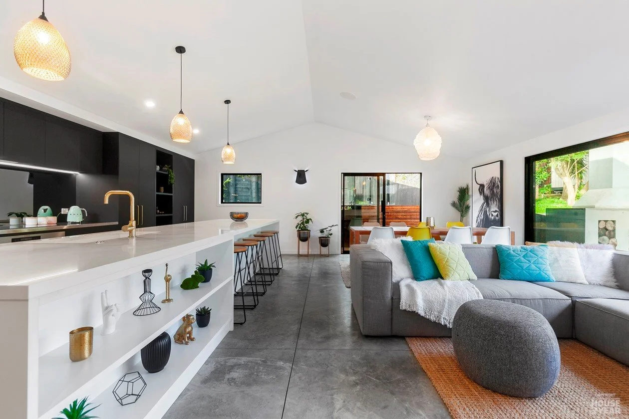 View of living area on House of the Year Builders Own Home entry in Rothesay Bay where Swift Roofing installed Trimrib Profile Roof & Dimondclad Rib50 Wall Cladding - Image c/o House of the Year