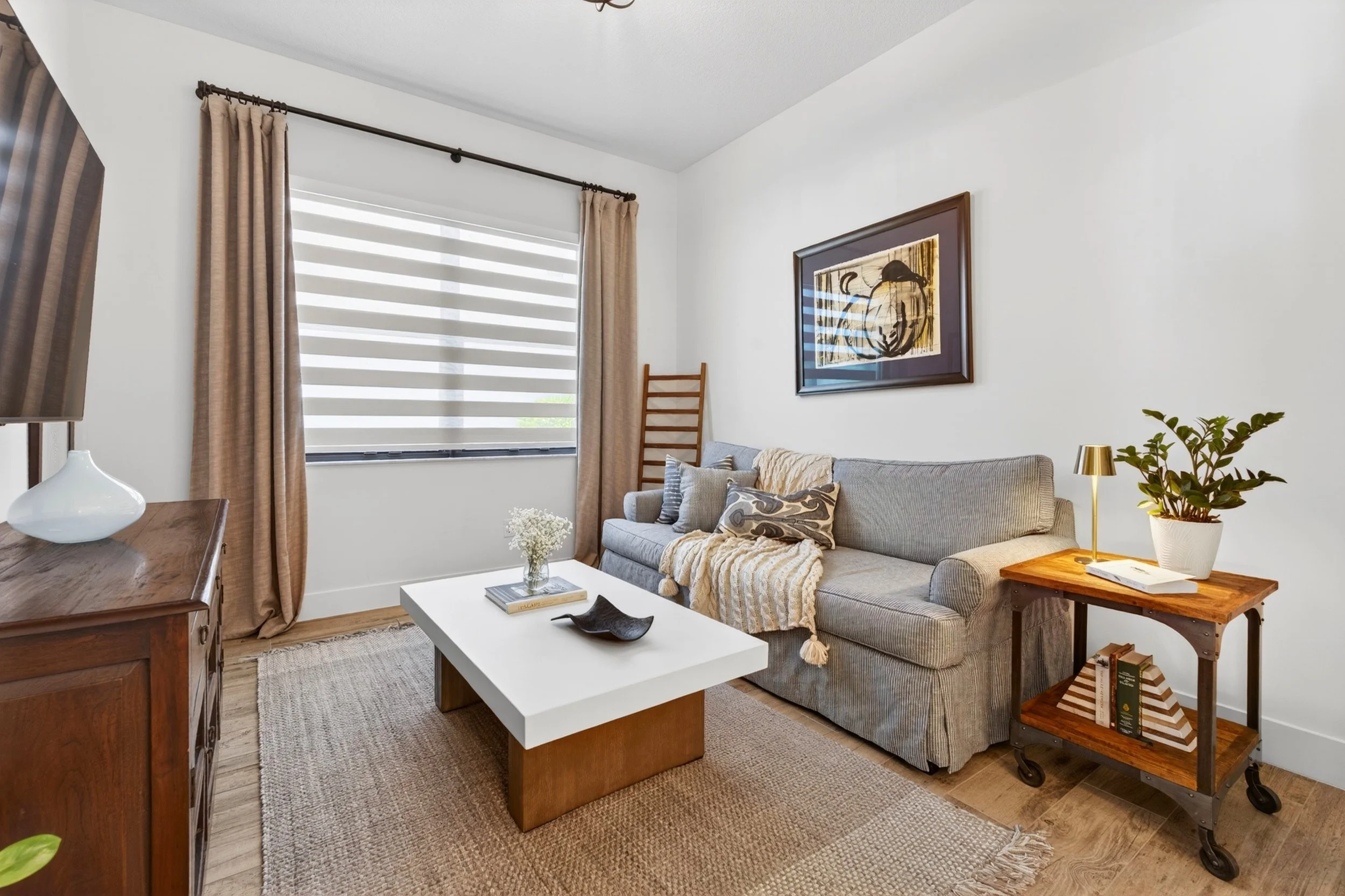 Living room with a beige sofa, framed artwork, wooden side tables, a white coffee table, potted plant, beige curtains, and zebra blinds on the window.