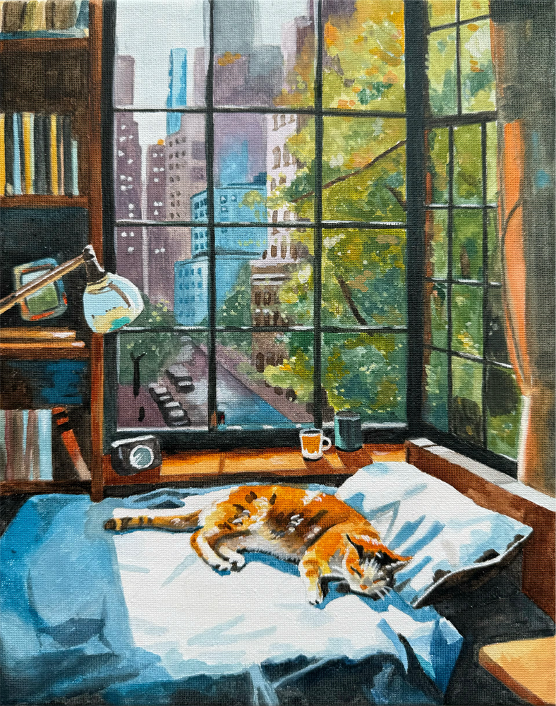 A painting depicts a cozy room with a large window showing a cityscape and green trees outside. Inside, a cat is sleeping on a bed with a white sheet. There are two cups and a mug on a windowsill, a bookshelf on the left, and a desk lamp near the bed