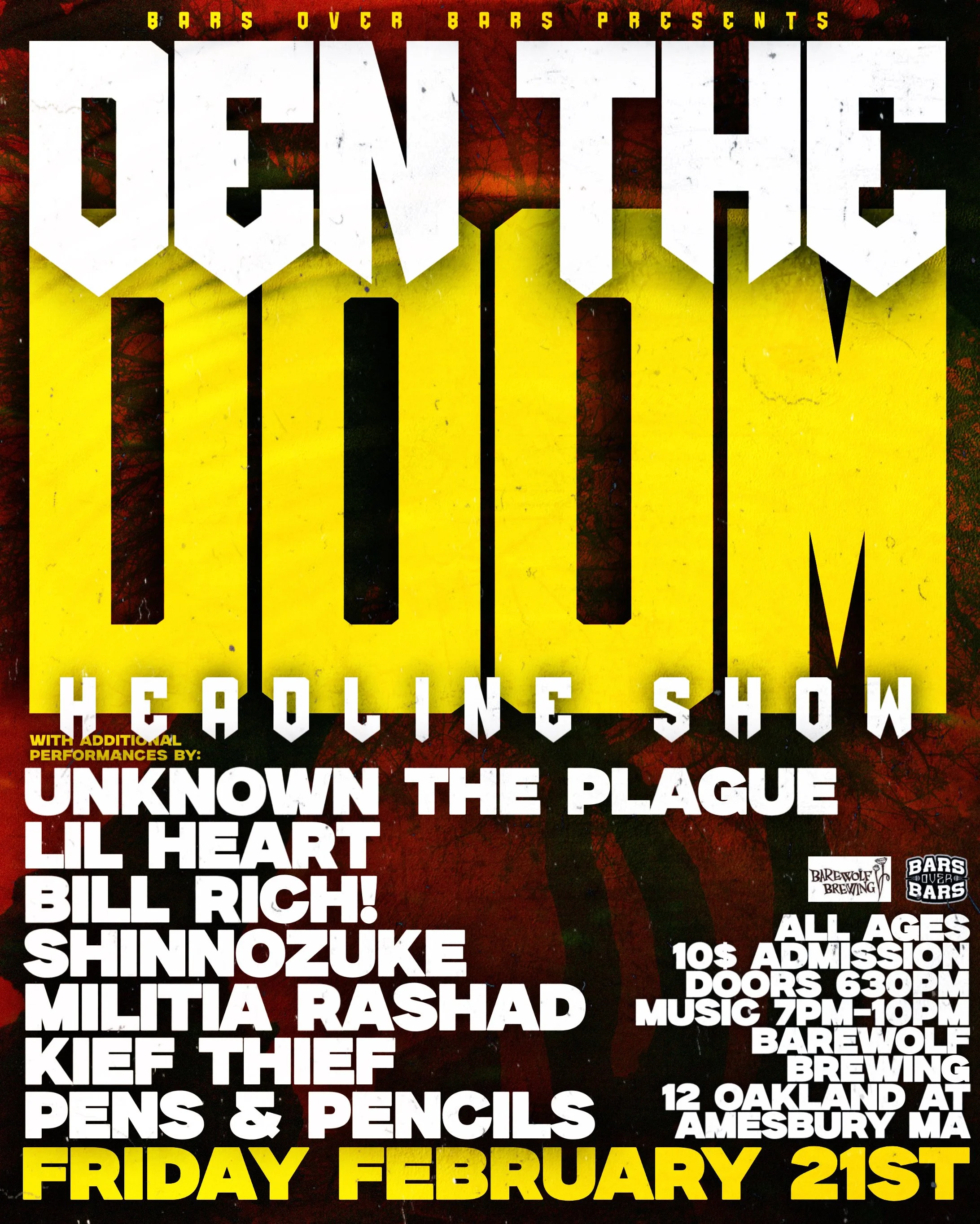 Poster for a live music event titled "Open the Lid" occurring on Friday, February 21st at BareWOLF Brewing in Oakland, Massachusetts. Features bands such as Unknown the Plague, Lil Heart, Bill Rich, Shinozuke, Militia Rashad, Kief Thief, and Pens & Pencils. Doors open at 6:30 pm, music from 7 pm to 10 pm, with additional performances by Unknown the Plague, Lil Heart, Bill Rich, Shinozuke, Militia Rashad, Kief Thief, Pens & Pencils, and more.