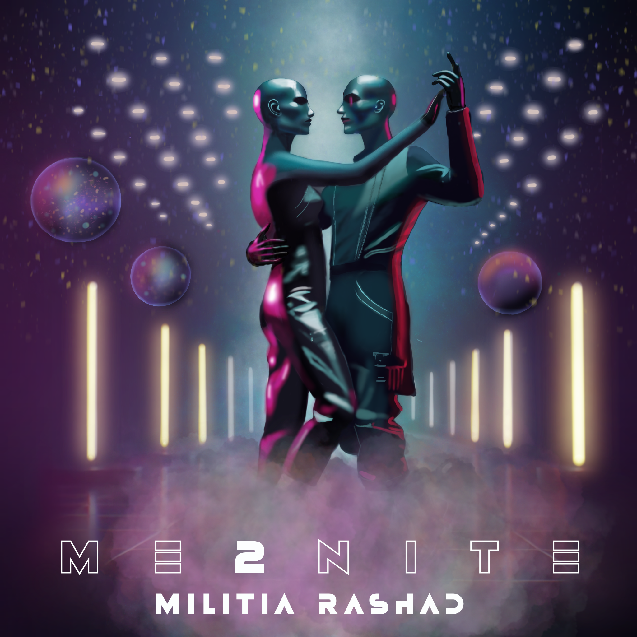 Digital artwork of a futuristic couple dancing under a starry sky with floating orbs and neon lights, with the words 'MÈ2NITE' and 'MILITIA RASHAD' at the bottom.