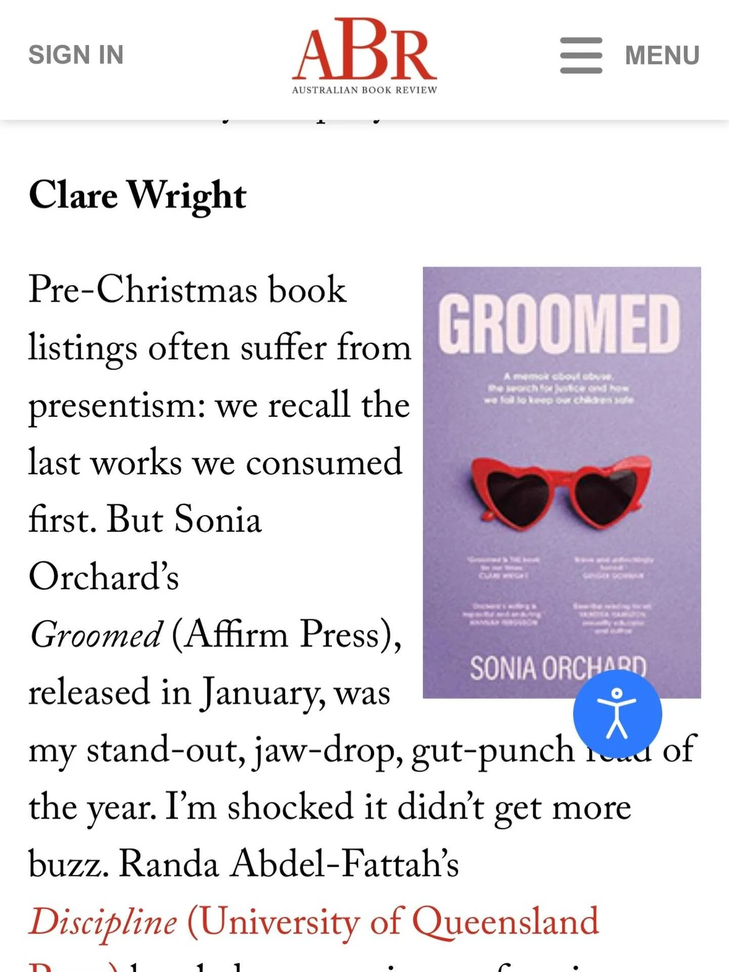So chuffed to be in @australianbookreview in @clarewrighthistorian &rsquo;s books of the year list. Such a huge fan of Clare&rsquo;s work and of the ABR. And ditto Clare&rsquo;s recommendation of Discipline. #memoir #groomed #australianauthors #chris