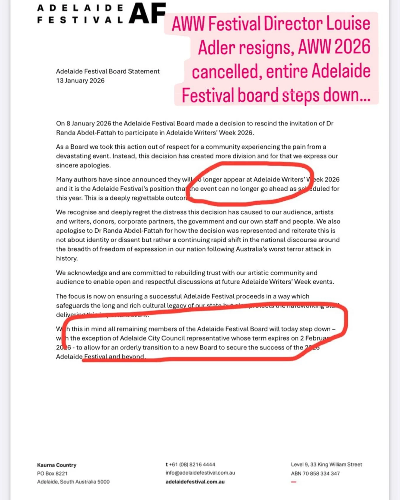 Adelaide Writers Week speakers have just received this statement, hot on the heels of Louise Adler, beloved Festival Director, announcing her resignation this morning. The entire Adelaide Writers Week - Australia&rsquo;s top writers&rsquo; festival, 