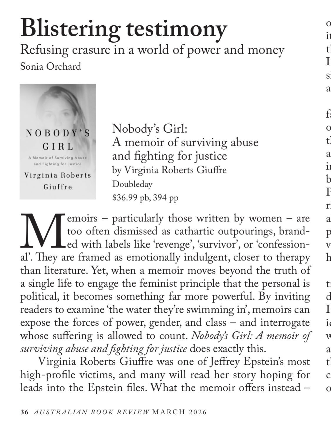 My review of Virginia Roberts Guiffre&rsquo;s memoir Nobody&rsquo;s Girl in this month&rsquo;s @australianbookreview. For those who&rsquo;ve read it, love to hear your thoughts. For those who haven&rsquo;t - read it! #abusesurvivor #virginiaguiffre #
