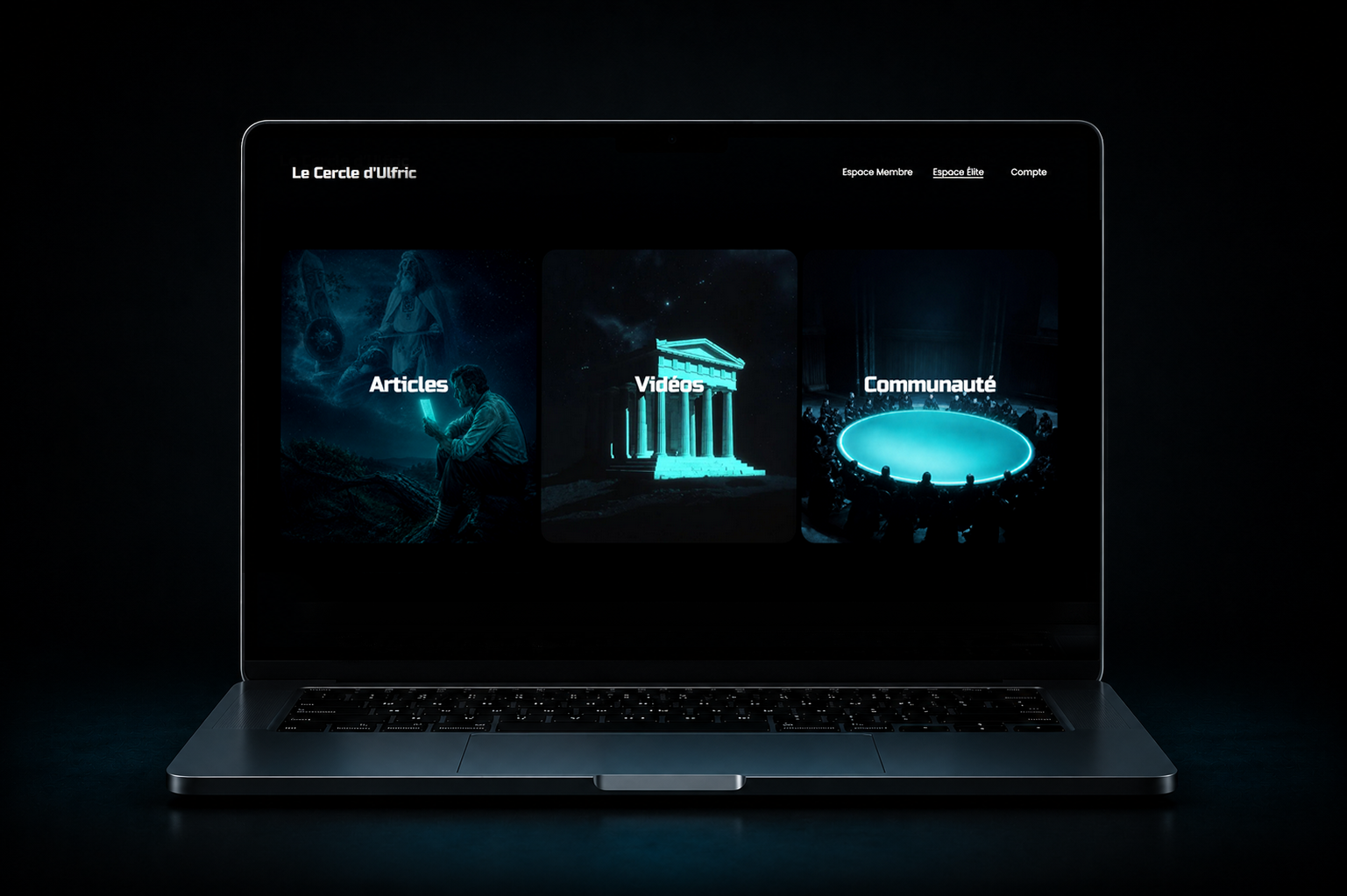 Écran d'ordinateur portable affichant une interface avec trois sections : Articles, Vidéos, Communauté. Thème sombre avec effets lumineux bleus.