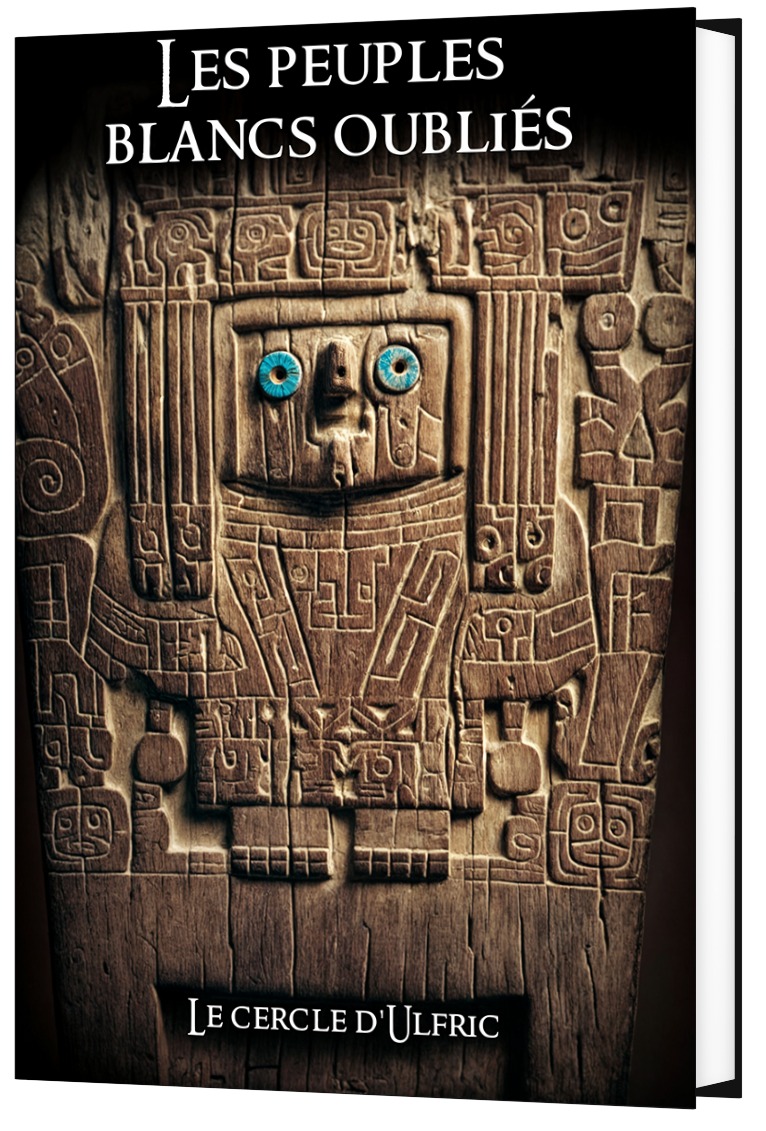 Couverture d'un livre intitulé 'Les Peuples Blancs Oubliés' avec une image d'un morceau de bois sculpté représentant une figure ancienne, avec deux yeux bleus modernes fixés sur la sculpture.