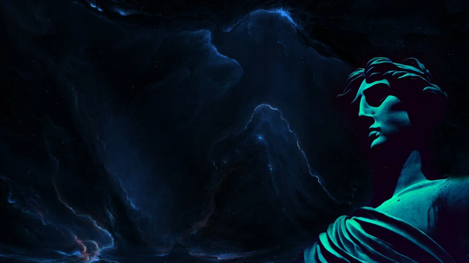 Une image de style numérique avec une silhouette de statue de la liberté sur fond de cosmos avec des étoiles et des éclairs