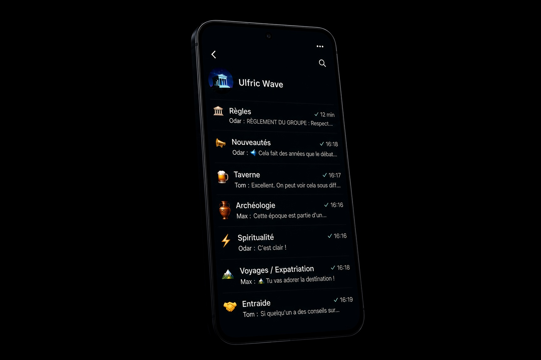 Capture d'écran d'une application de messagerie affichée sur un smartphone, avec différentes conversations listées.