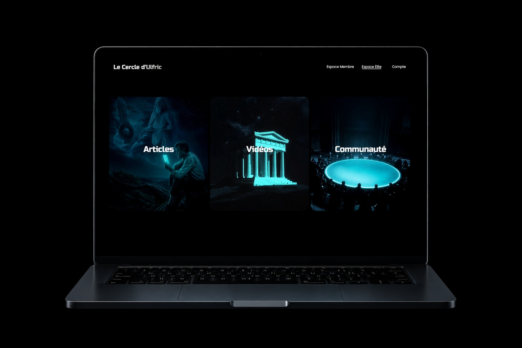 Écran d'ordinateur portable affichant une interface avec trois sections : Articles, Vidéos, Communauté. Thème sombre avec effets lumineux bleus.