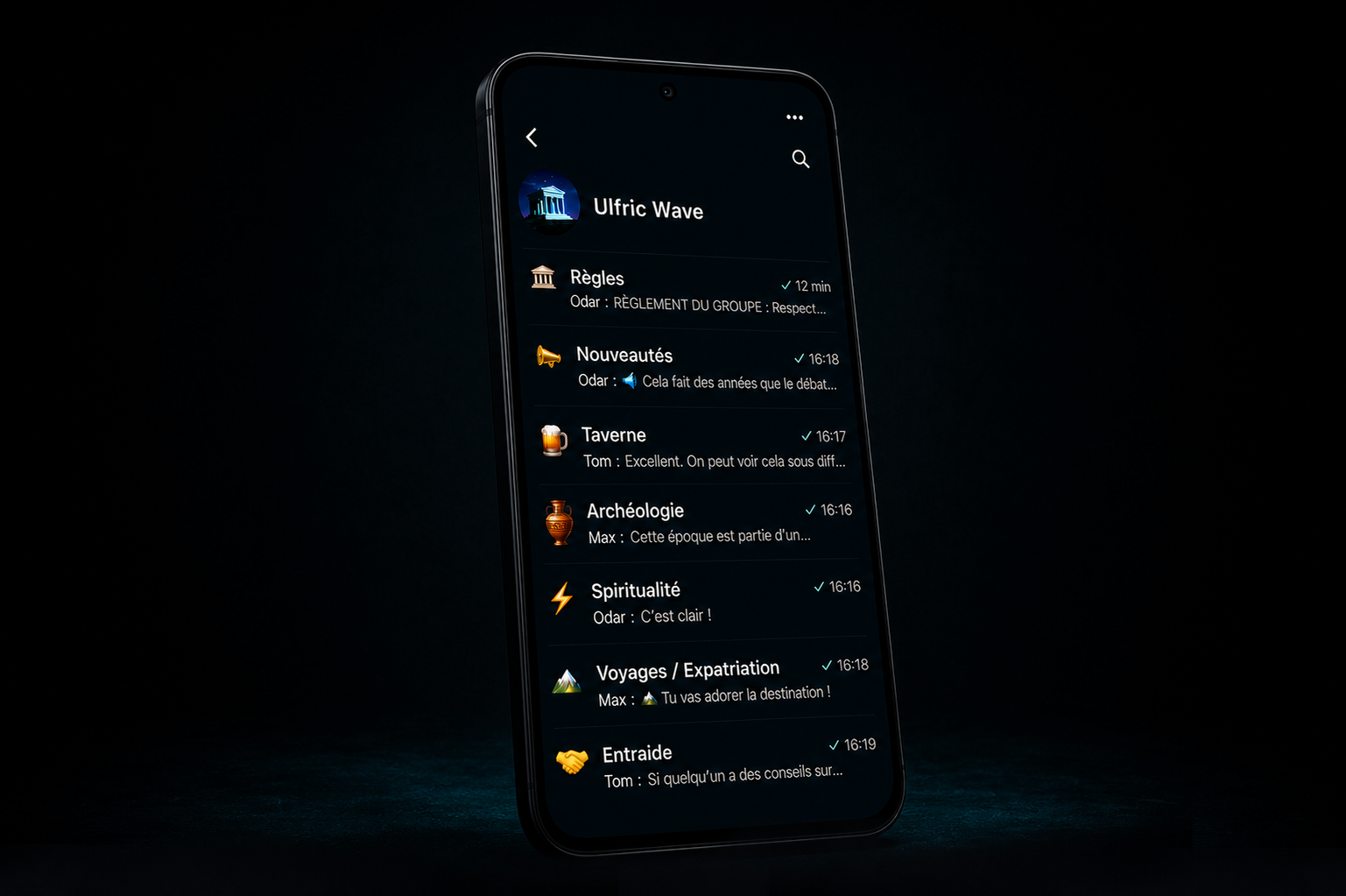 Capture d'écran d'une application de messagerie affichée sur un smartphone, avec différentes conversations listées.