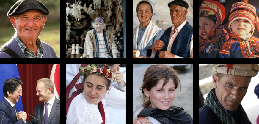 Collection de huit portraits montrant des personnes âgées en vêtements traditionnels et modernes, des jeunes filles en costumes folkloriques, une femme portant une couronne de fleurs, et des personnes en situation de dialogue communautaire ou culturel.