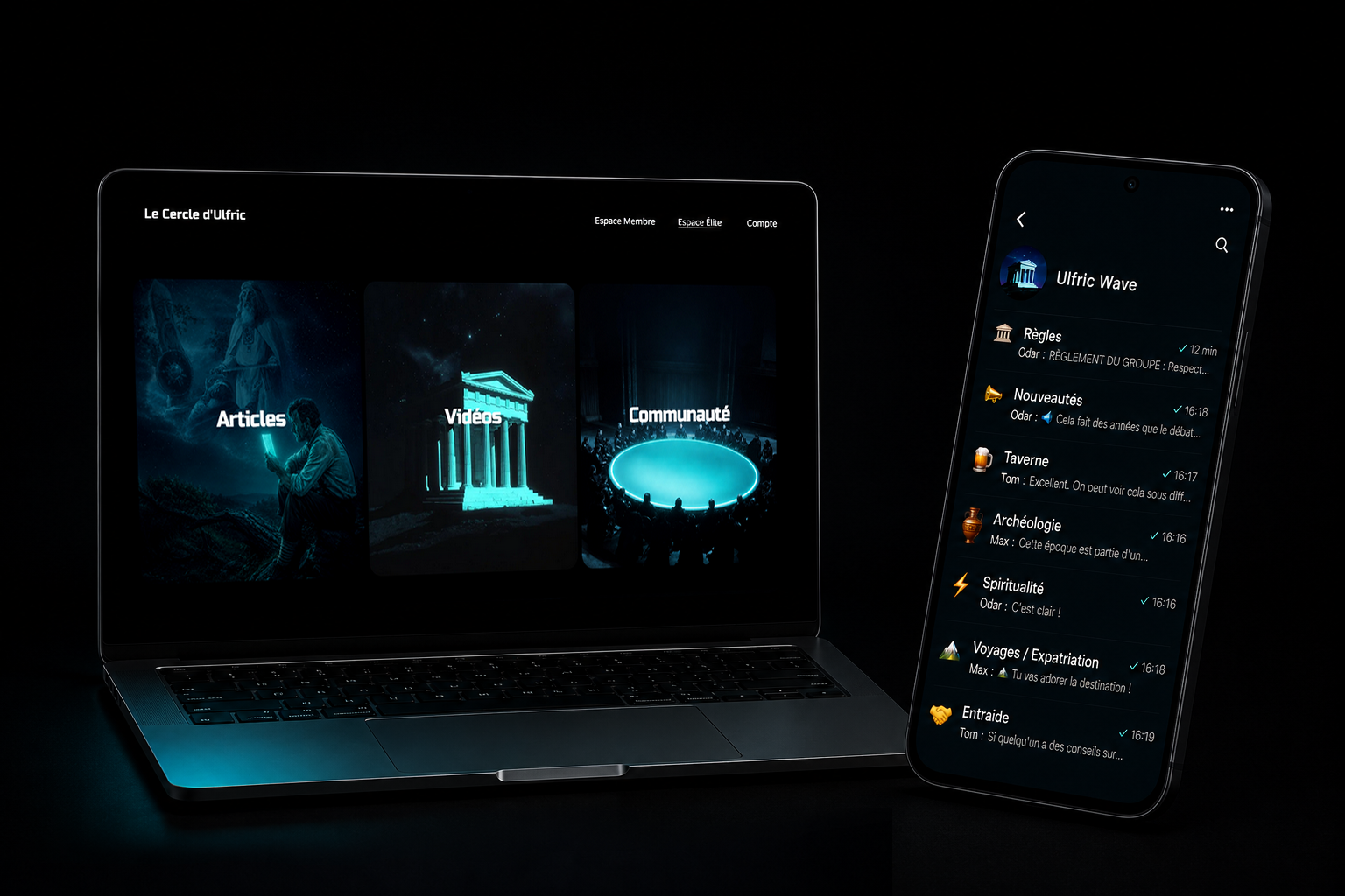Un ordinateur portable affichant une interface pour la section Articles, Vidéos et Communauté, avec un téléphone affichant une application de messagerie avec des conversations listées.
