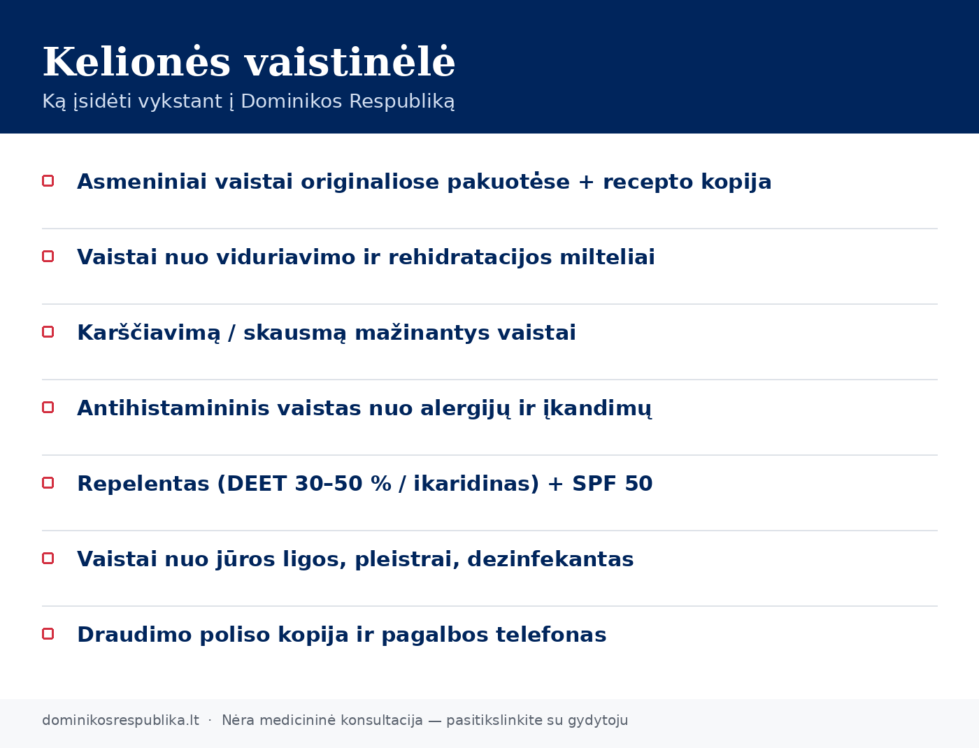 Kelionės vaistinėlės sąrašas kelionei į Dominikos Respubliką