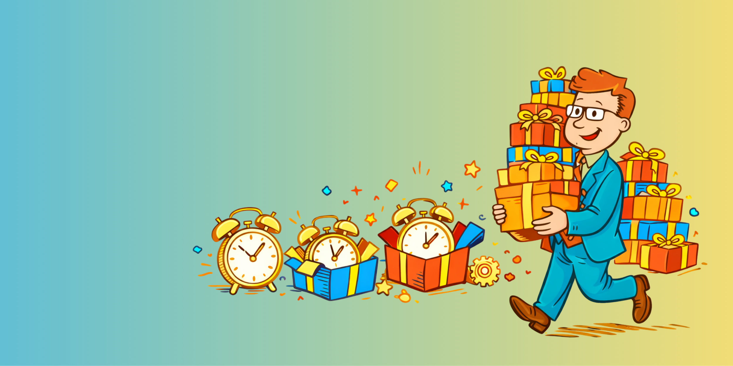 Cartoon businessman carrying giftboxes with clocks inside