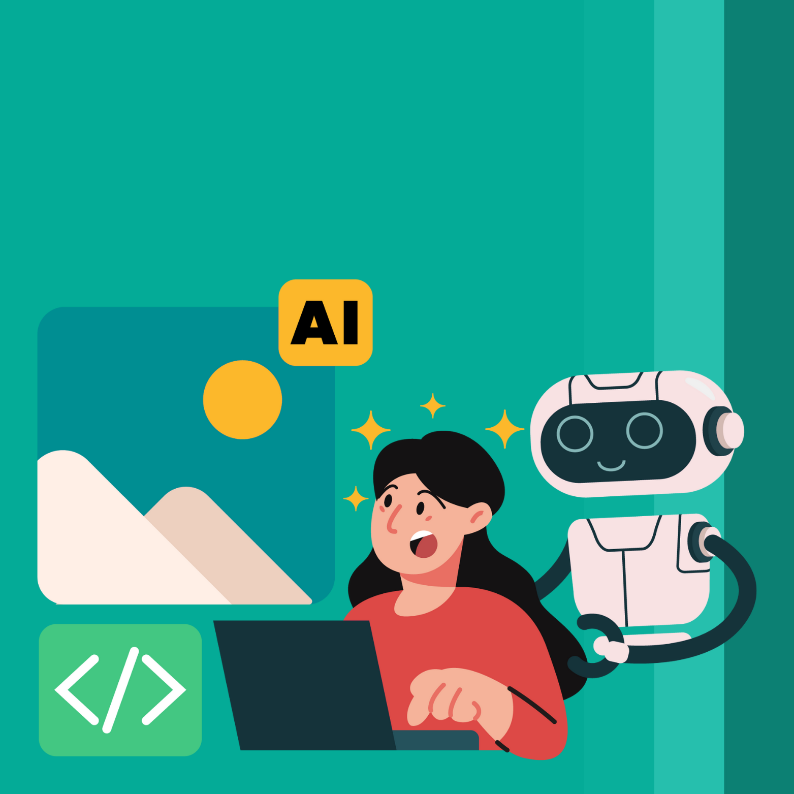 Robot, AI, Helping a woman, Tool, Laptop, Software, Prime & Magnolia, Leadership, Consulting