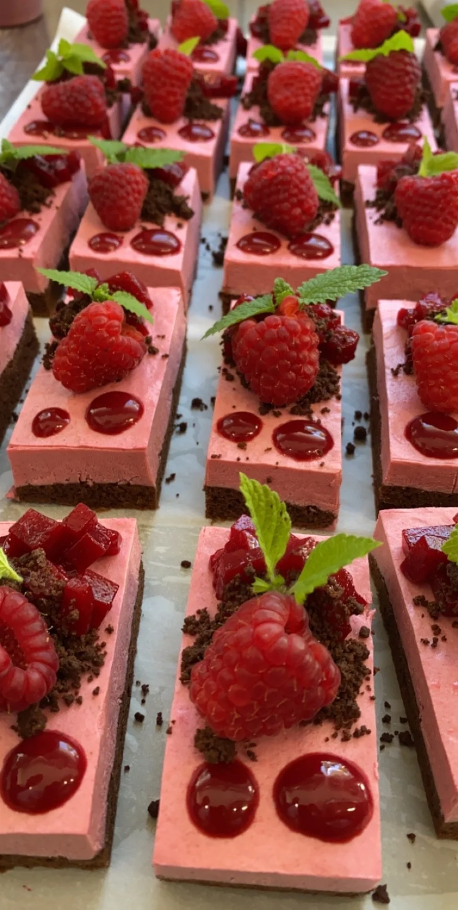 Bringebærmousse med bærsaus og sitronmelisse 