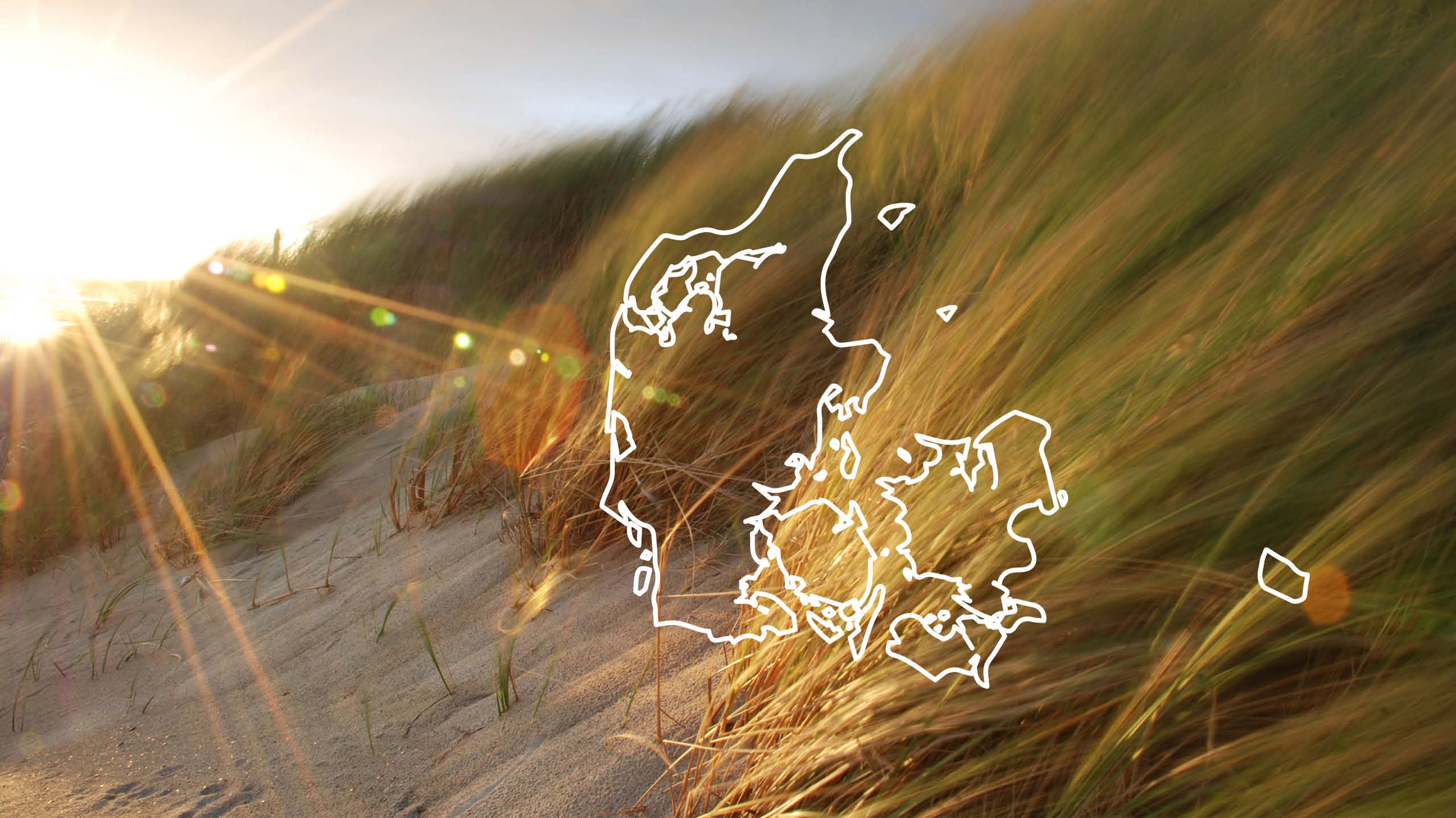 Sunset over sand dunes with grassy vegetation, overlaid with a white line drawing map of Denmark.